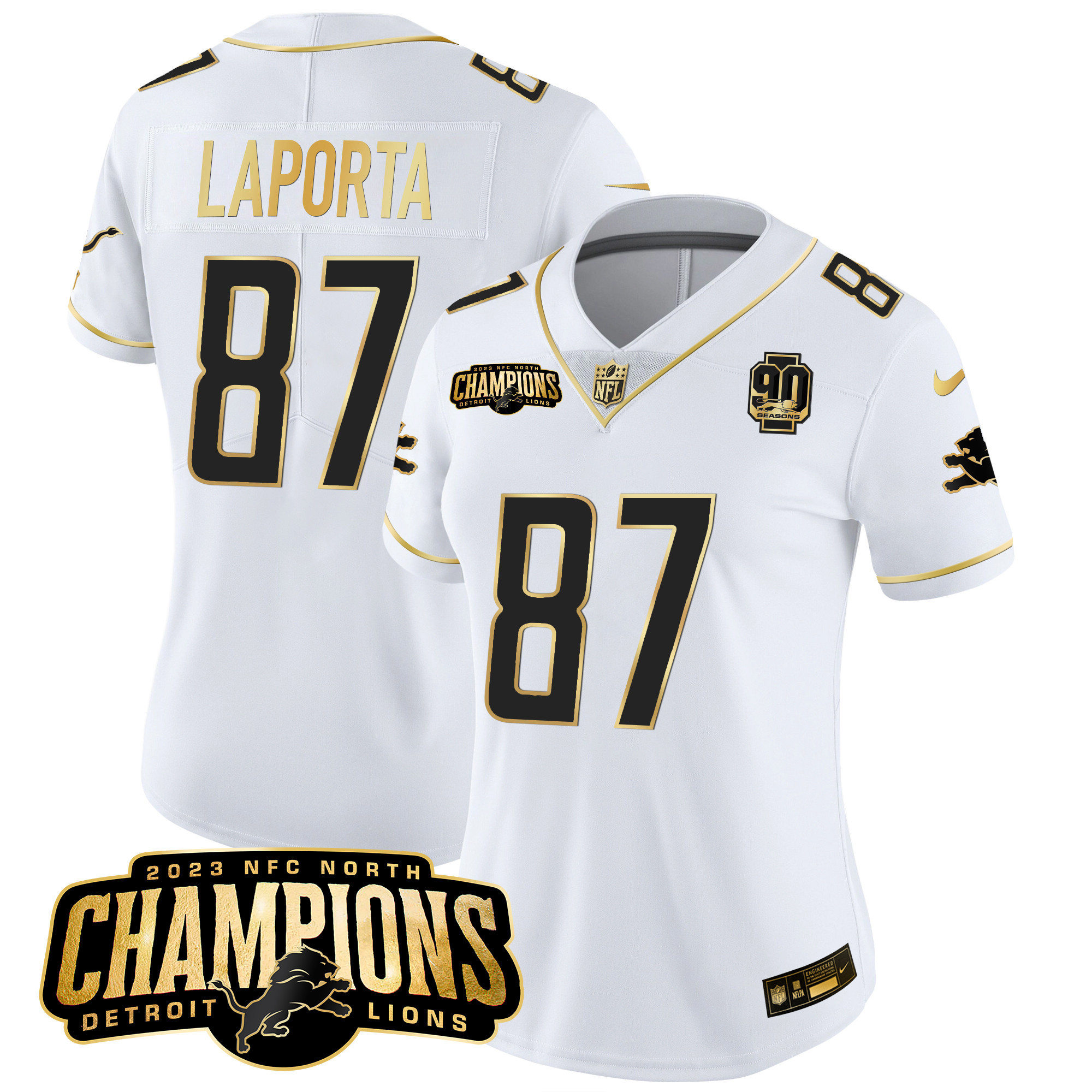 Women's Detroit Lions 2023 NFC North Champions Patch Gold Vapor Jersey V2 - All Stitched - Image 24
