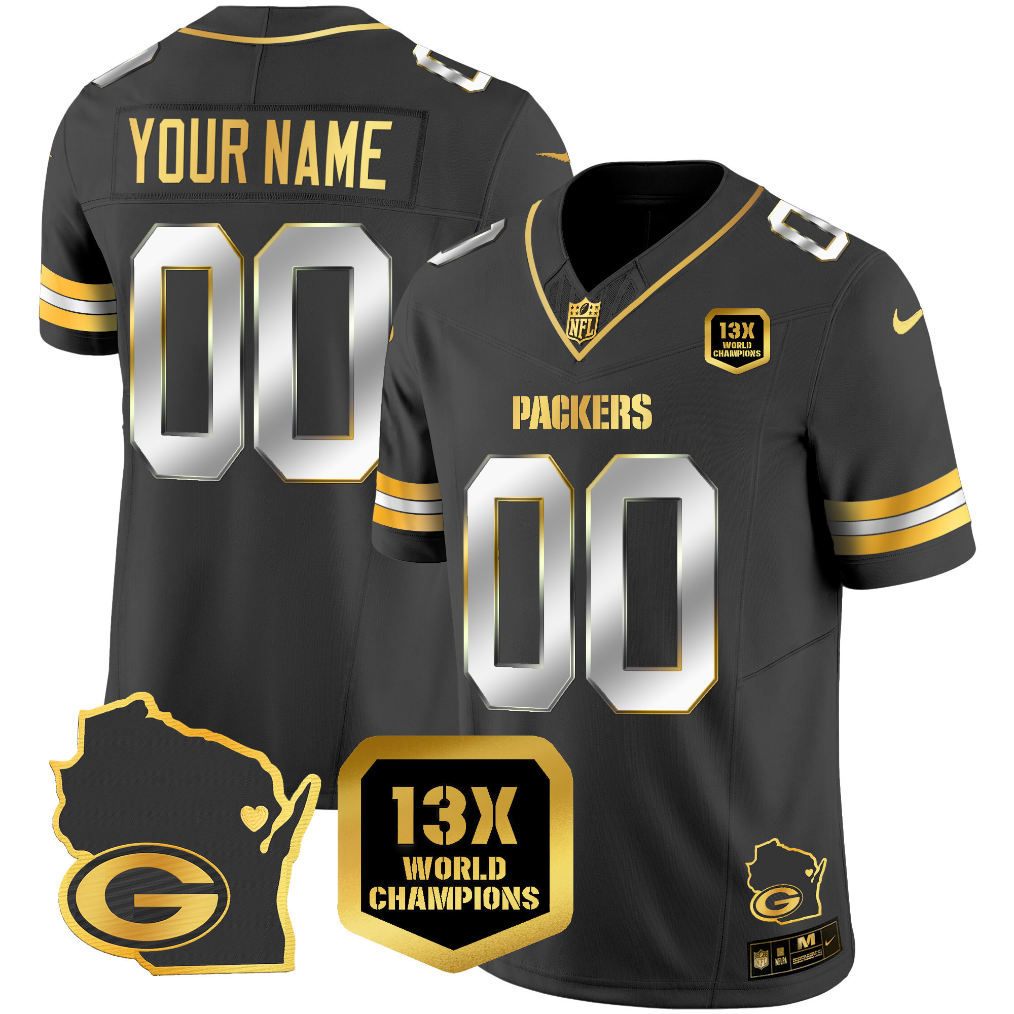 Packers 13 Time World Champions & Home Patch Gold Vapor Jersey V2 – All Stitched - Image 2