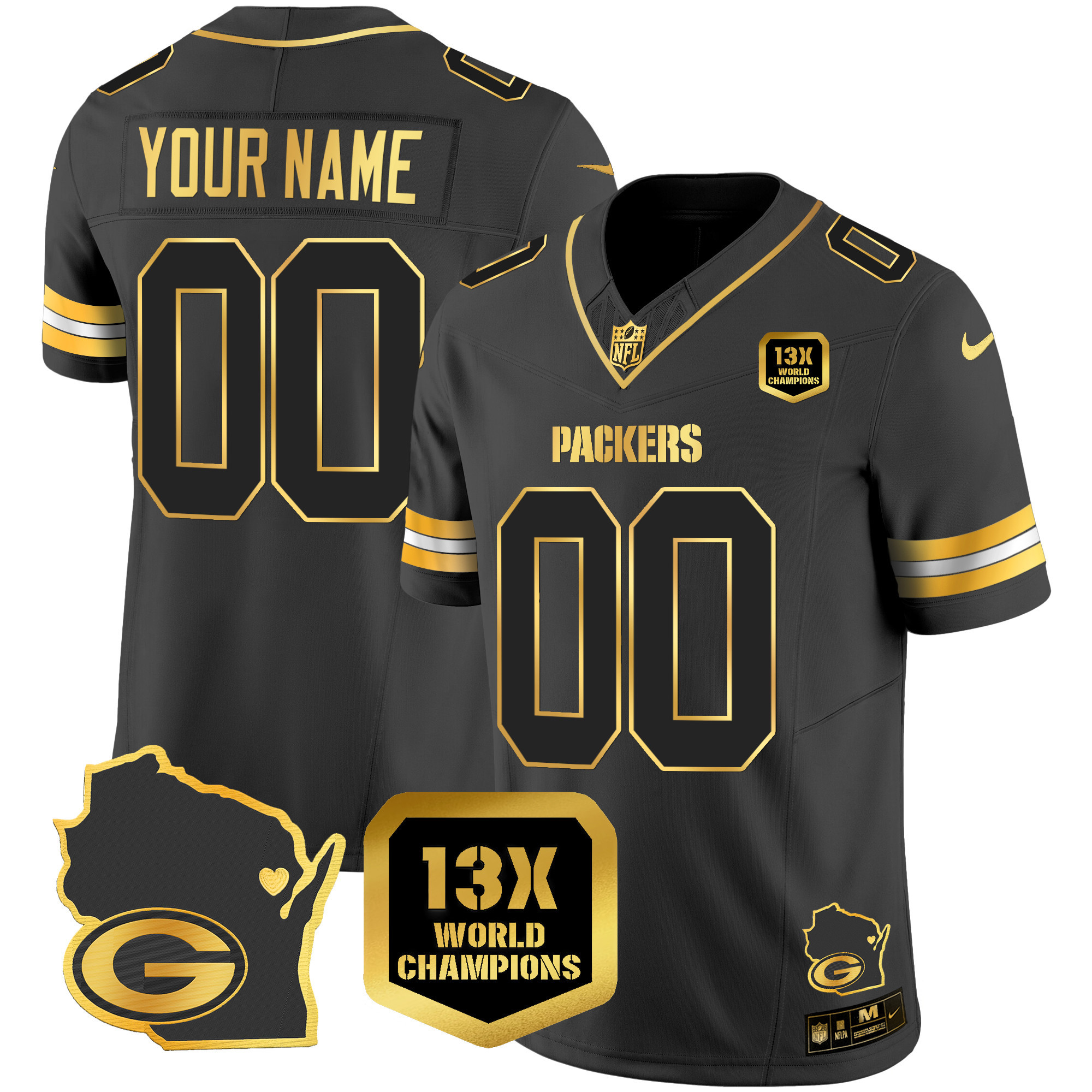 Packers 13 Time World Champions & Home Patch Gold Vapor Jersey V2 – All Stitched - Image 3