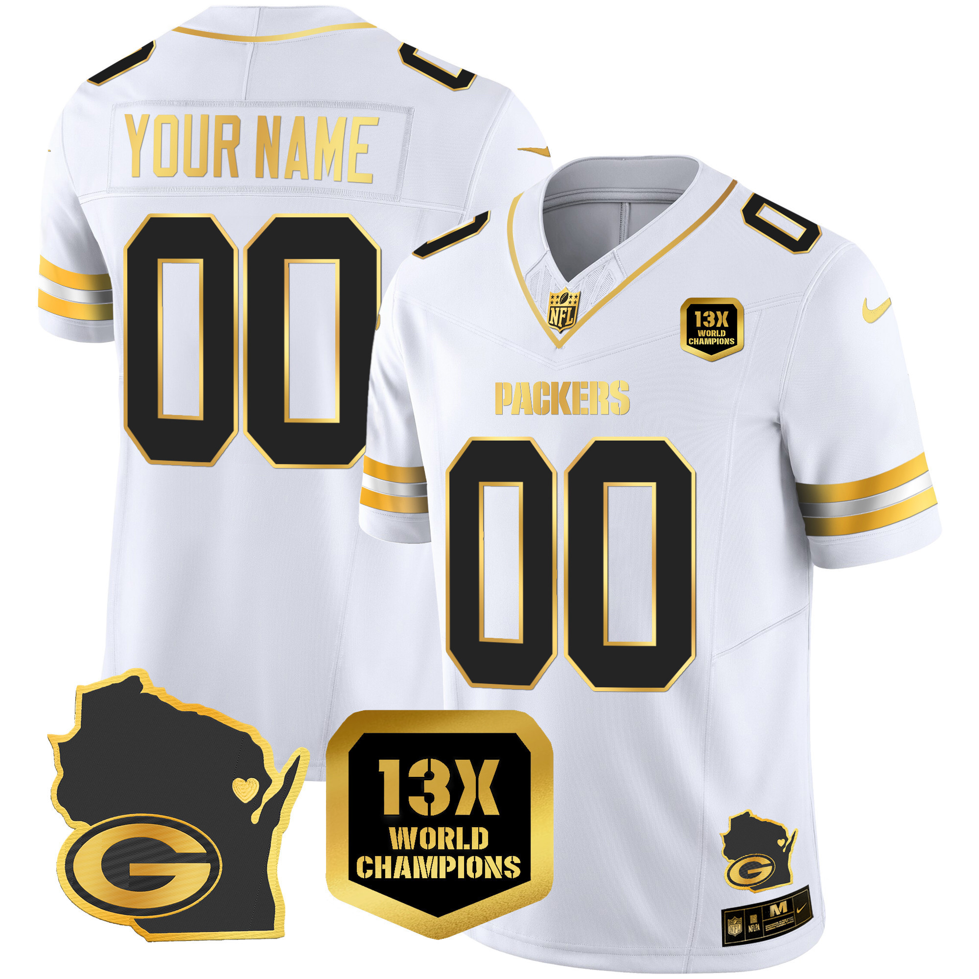 Packers 13 Time World Champions & Home Patch Gold Vapor Jersey V2 – All Stitched - Image 4
