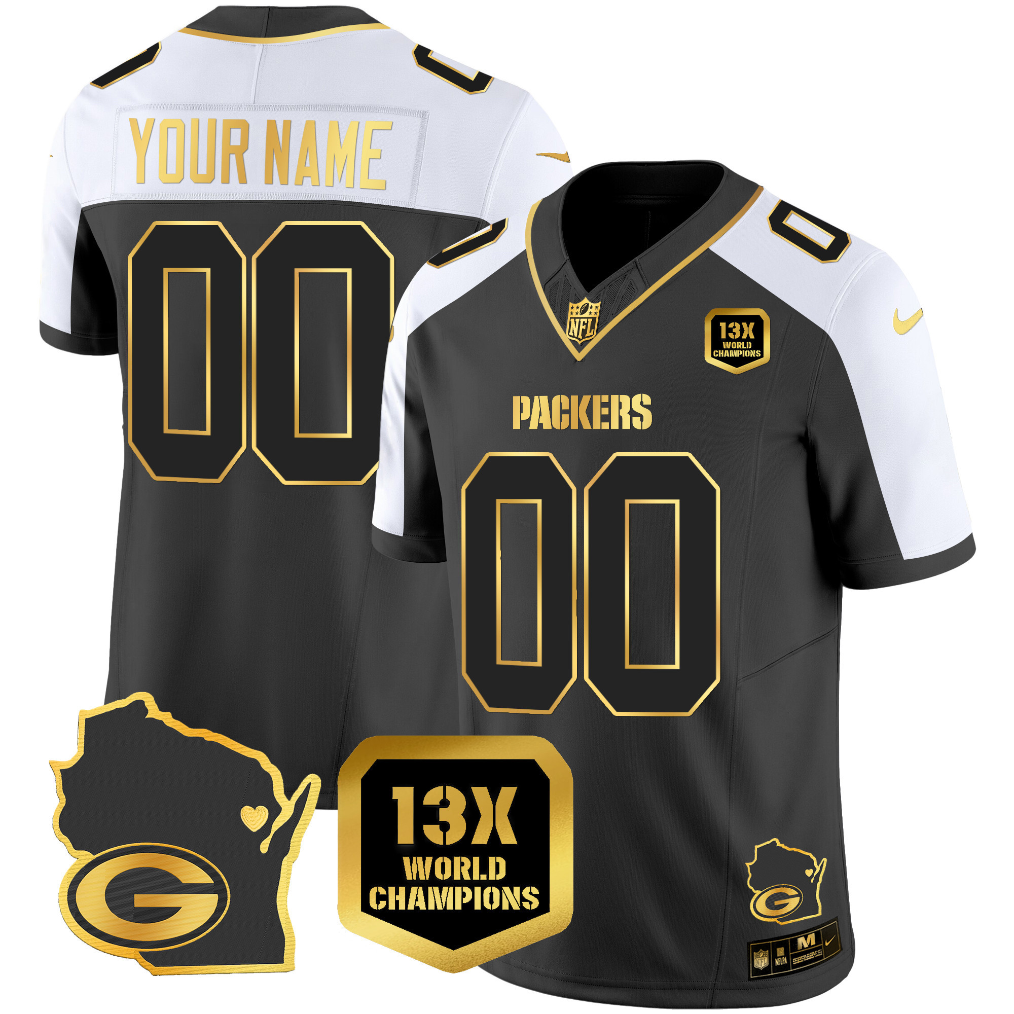 Packers 13 Time World Champions & Home Patch Gold Vapor Jersey V2 – All Stitched