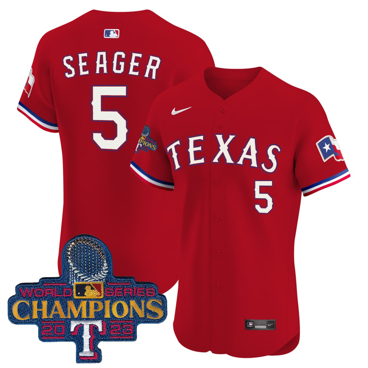Corey Seager Texas Rangers Red 2023 World Series Champions Gold Trim Vapor Premier Elite Jersey - All Stitched