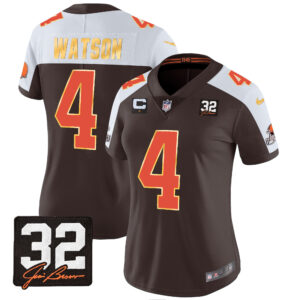 Women's Browns #32 Jim Brown Memorial Patch Gold Trim Jersey - All Stitched