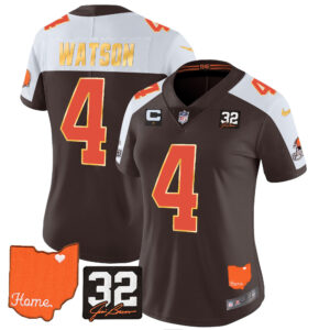 Women's Browns #32 Jim Brown Memorial & Home Patch Gold Trim Jersey - All Stitched