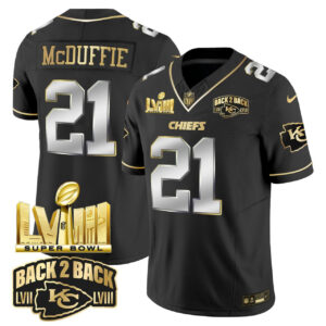 Trent McDuffie Chiefs Super Bowl LVIII & Back 2 Back Gold Patch Black Limited Vapor Jersey V2 - All Stitched