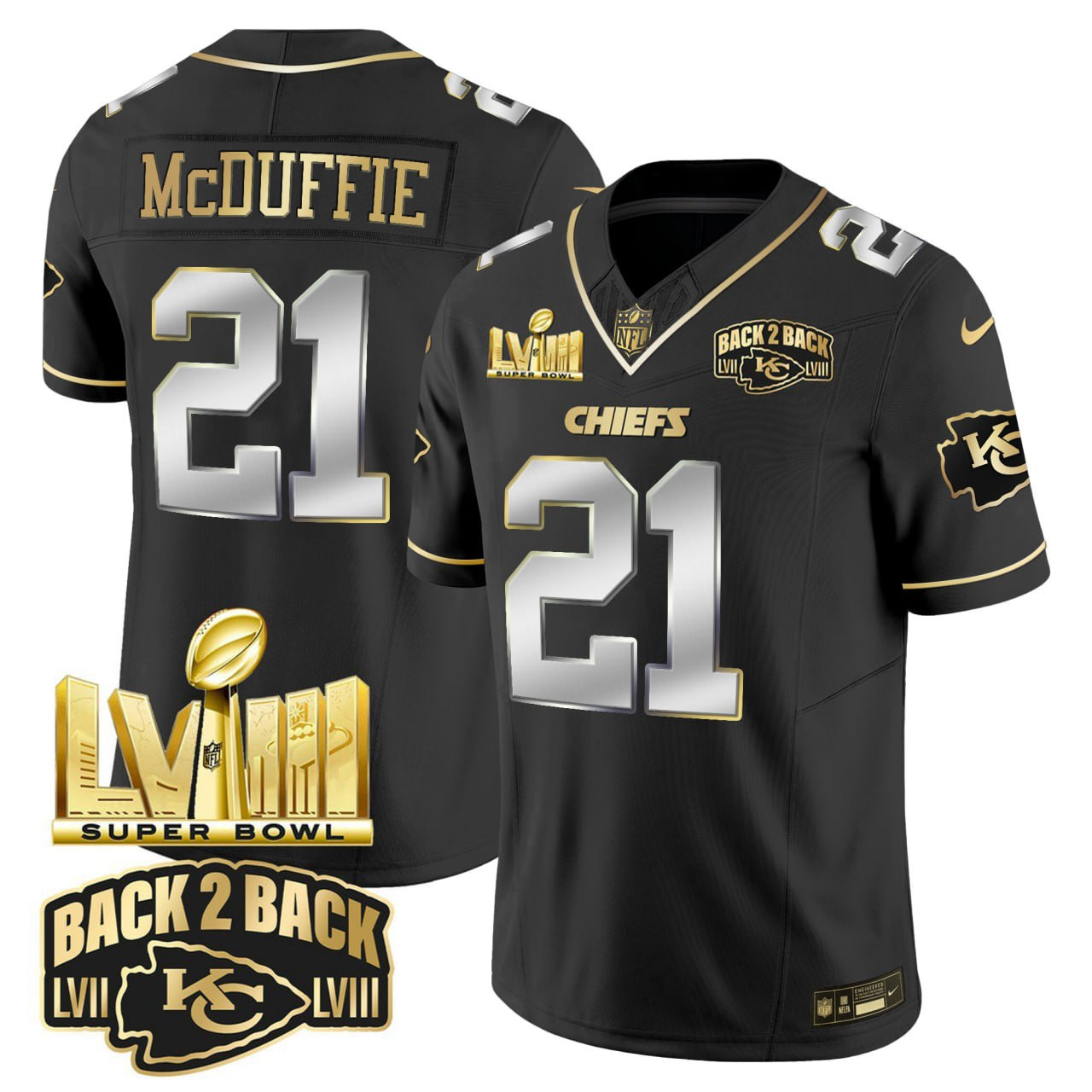 Trent McDuffie Chiefs Super Bowl LVIII & Back 2 Back Gold Patch Black Limited Vapor Jersey V2 - All Stitched
