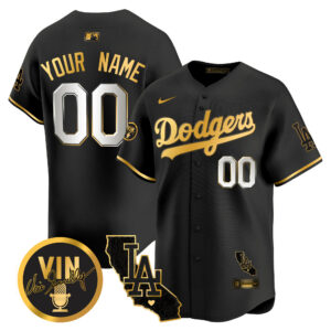 Dodgers Vin & California Patch Gold Vapor Premier Limited Custom Jersey - All Stitched