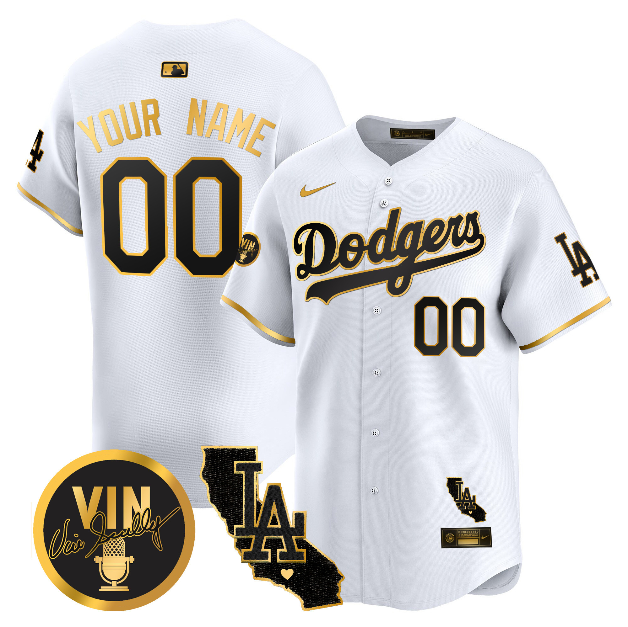 Dodgers Vin & California Patch Gold Vapor Premier Limited Custom Jersey - All Stitched - Image 2