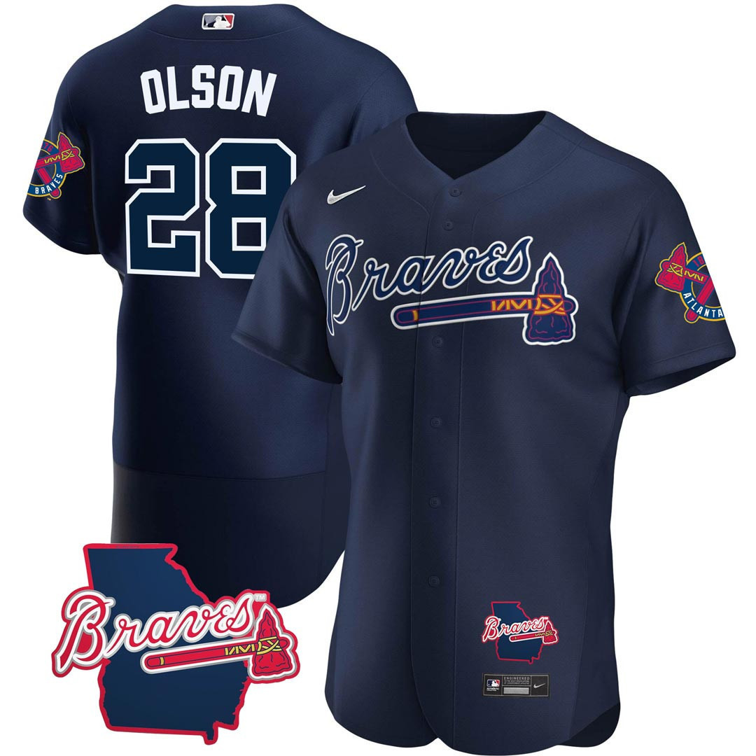 Men's Atlanta Braves Georgia State Patch Jersey - Navy - All Stitched - Image 2