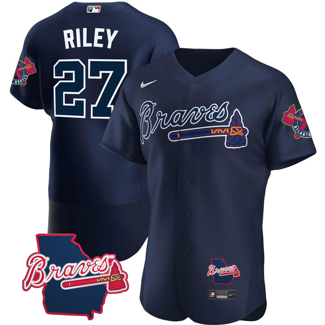Men's Atlanta Braves Georgia State Patch Jersey - Navy - All Stitched - Image 3