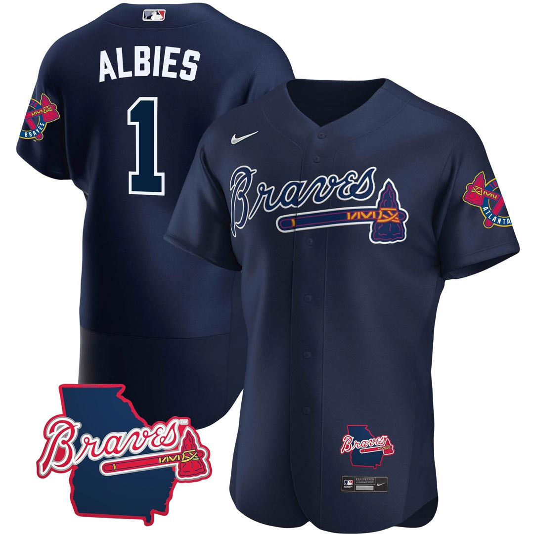Men's Atlanta Braves Georgia State Patch Jersey - Navy - All Stitched - Image 5