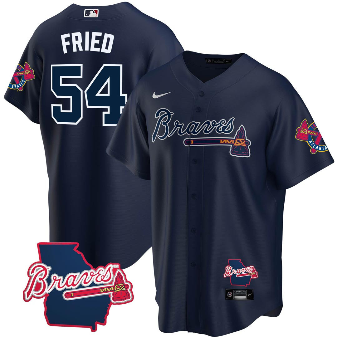 Men's Atlanta Braves Georgia State Patch Jersey - Navy - All Stitched - Image 12