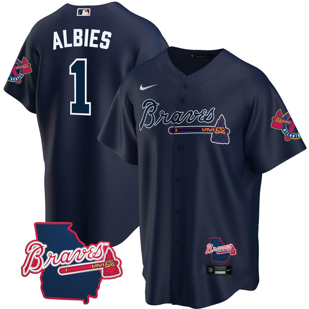 Men's Atlanta Braves Georgia State Patch Jersey - Navy - All Stitched - Image 11