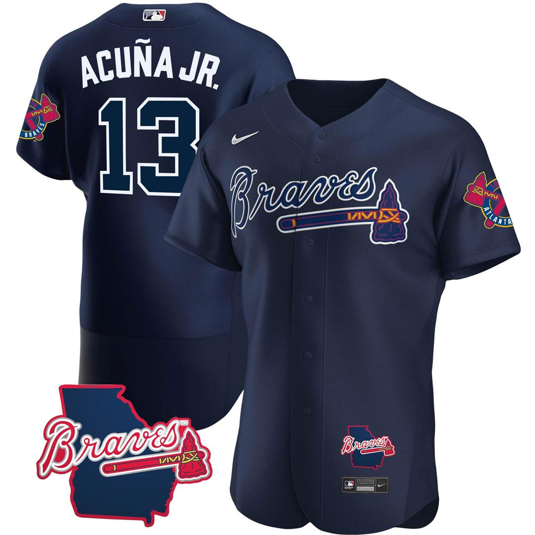 Men's Atlanta Braves Georgia State Patch Jersey - Navy - All Stitched