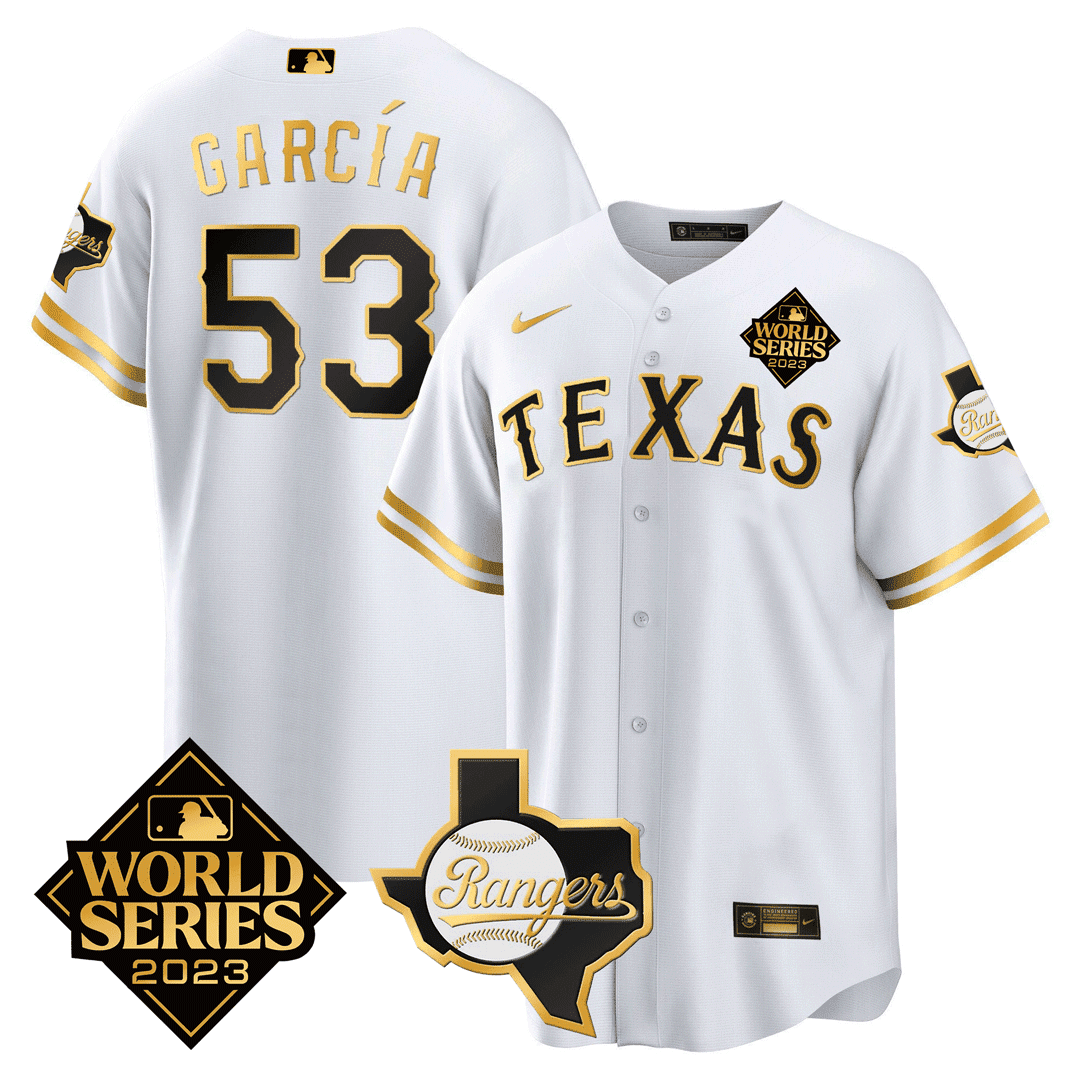 Men's Texas Rangers 2023 World Series & Texas State Patch Gold Jersey - All Stitched - Image 2