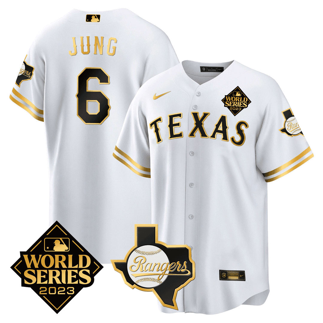 Men's Texas Rangers 2023 World Series & Texas State Patch Gold Jersey - All Stitched - Image 3