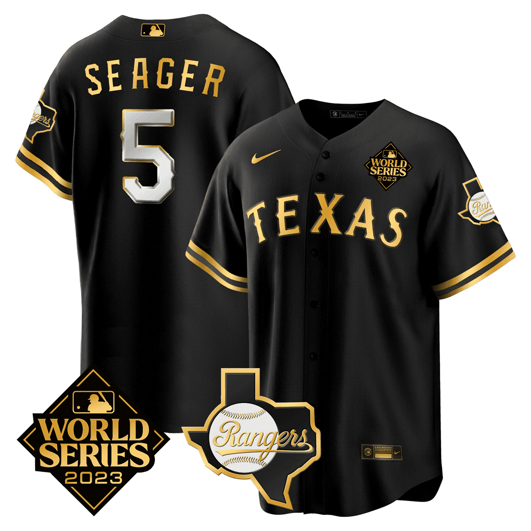 Corey Seager Texas Rangers 2023 World Series & Texas State Patch Gold Jersey - All Stitched - Image 2