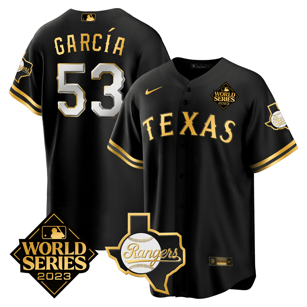 Men's Texas Rangers 2023 World Series & Texas State Patch Gold Jersey - All Stitched - Image 5