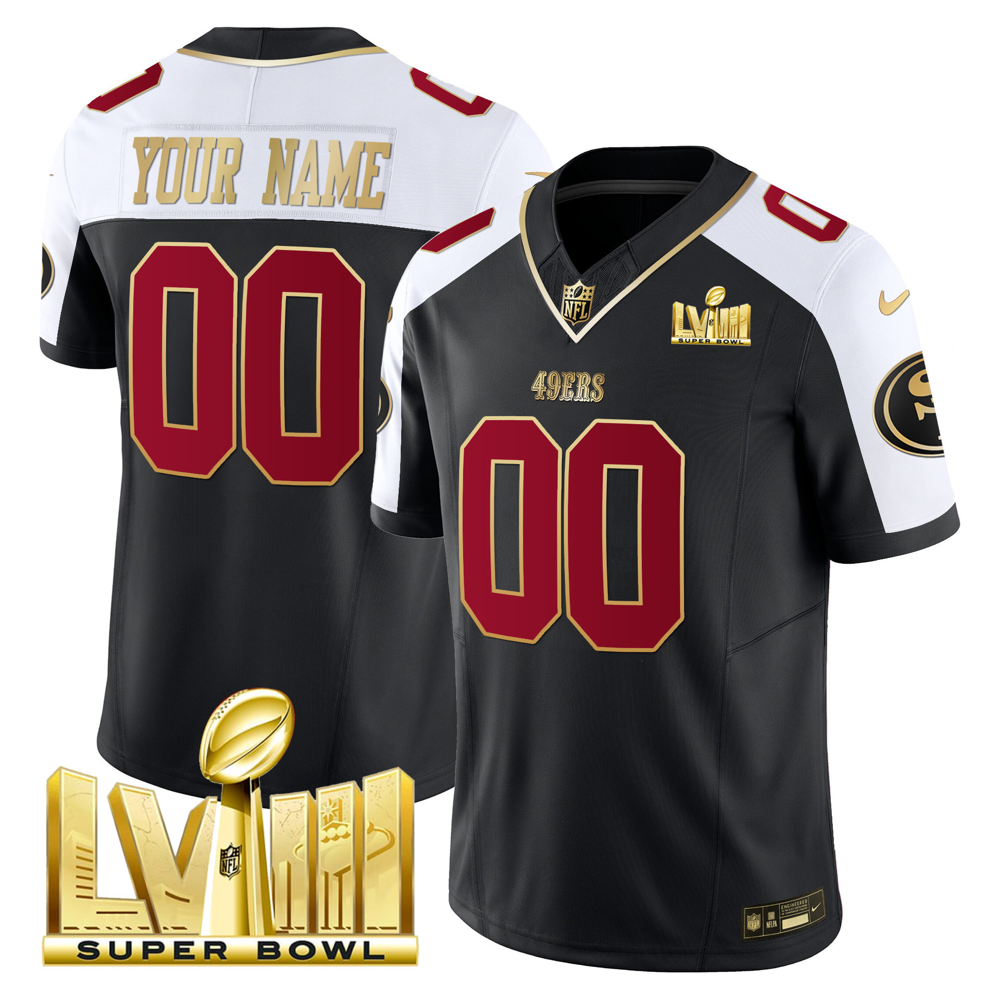 49ers Super Bowl LVIII Gold Patch Vapor Custom Jersey - All Stitched