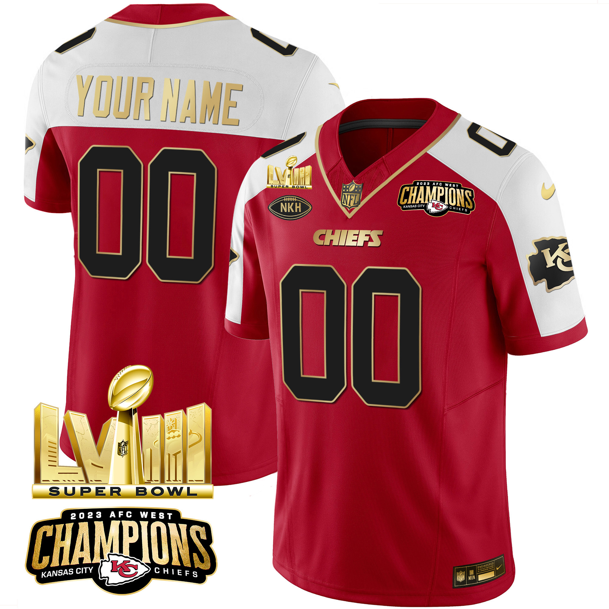 Chiefs AFC West Champions & Super Bowl LVIII Gold Patch Vapor Custom Jersey - All Stitched - Image 2