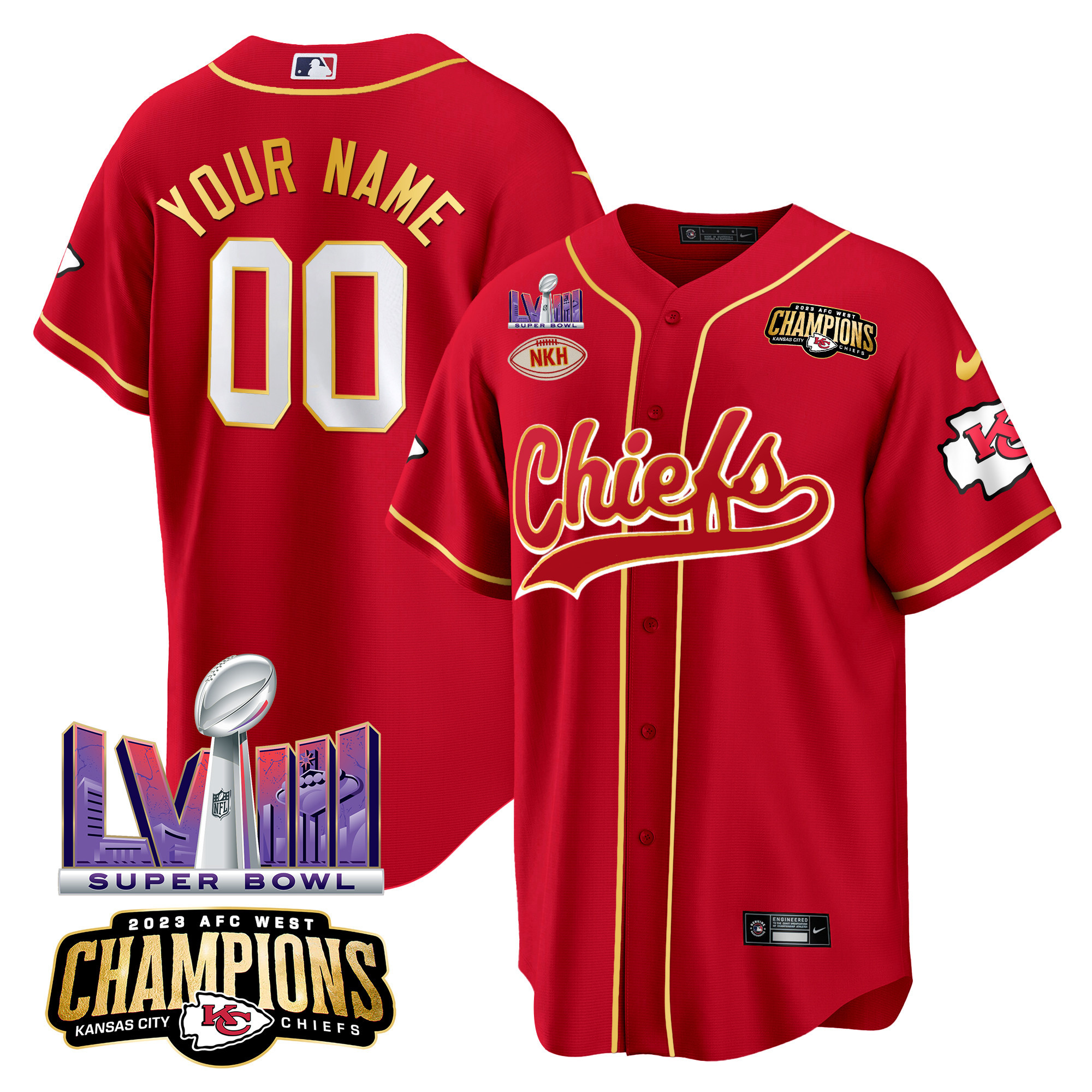 Chiefs AFC West Champions & Super Bowl LVIII Patch Baseball Custom Jersey - All Stitched