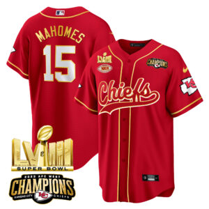 Men's Chiefs AFC West Champions & Super Bowl LVIII Gold Patch Baseball Jersey - All Stitched