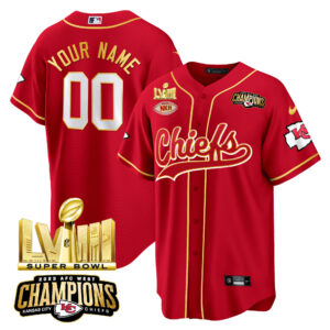 Chiefs AFC West Champions & Super Bowl LVIII Gold Patch Baseball Custom Jersey - All Stitched