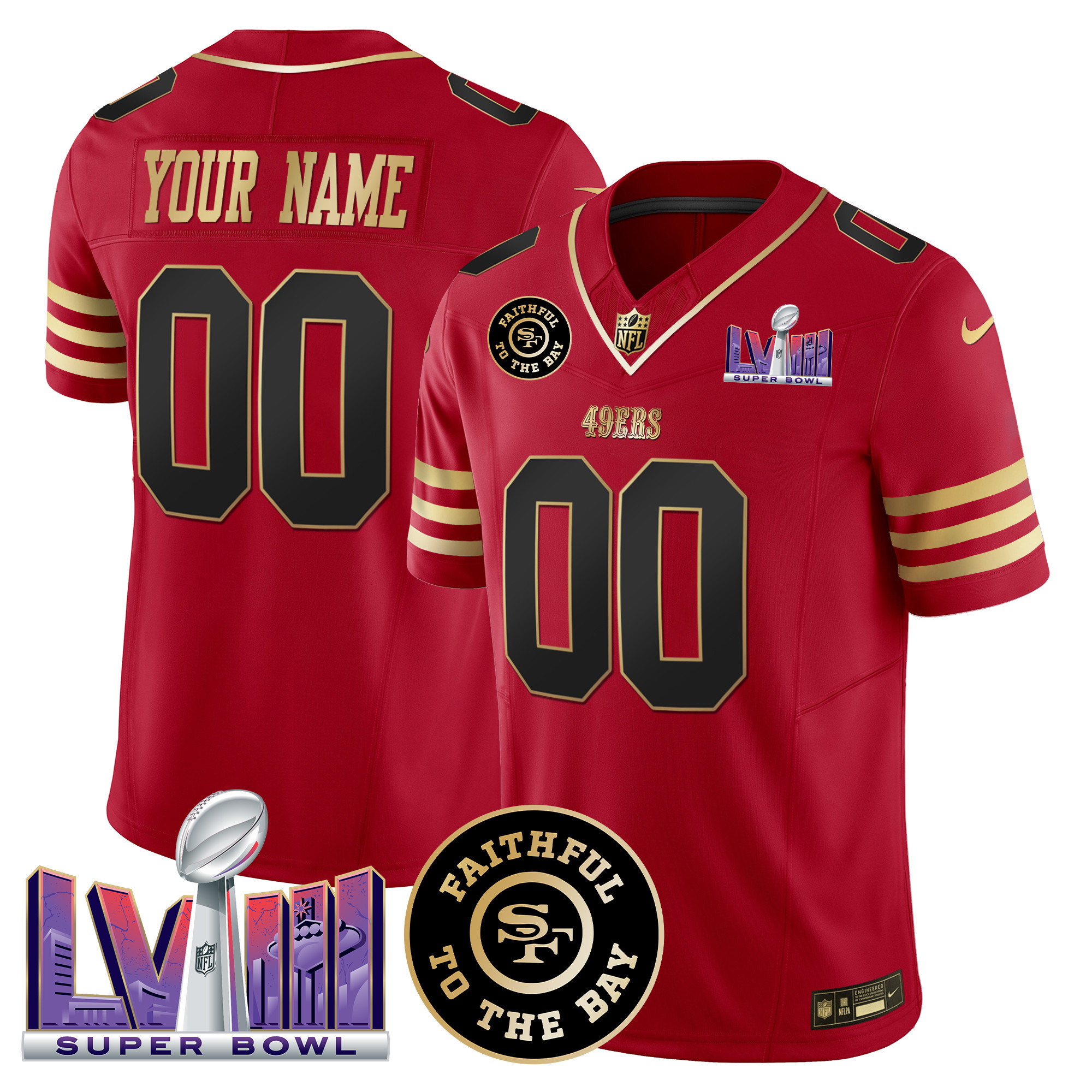 49ers Faithful & Super Bowl LVIII Patch Vapor Custom Jersey - All Stitched - Image 2