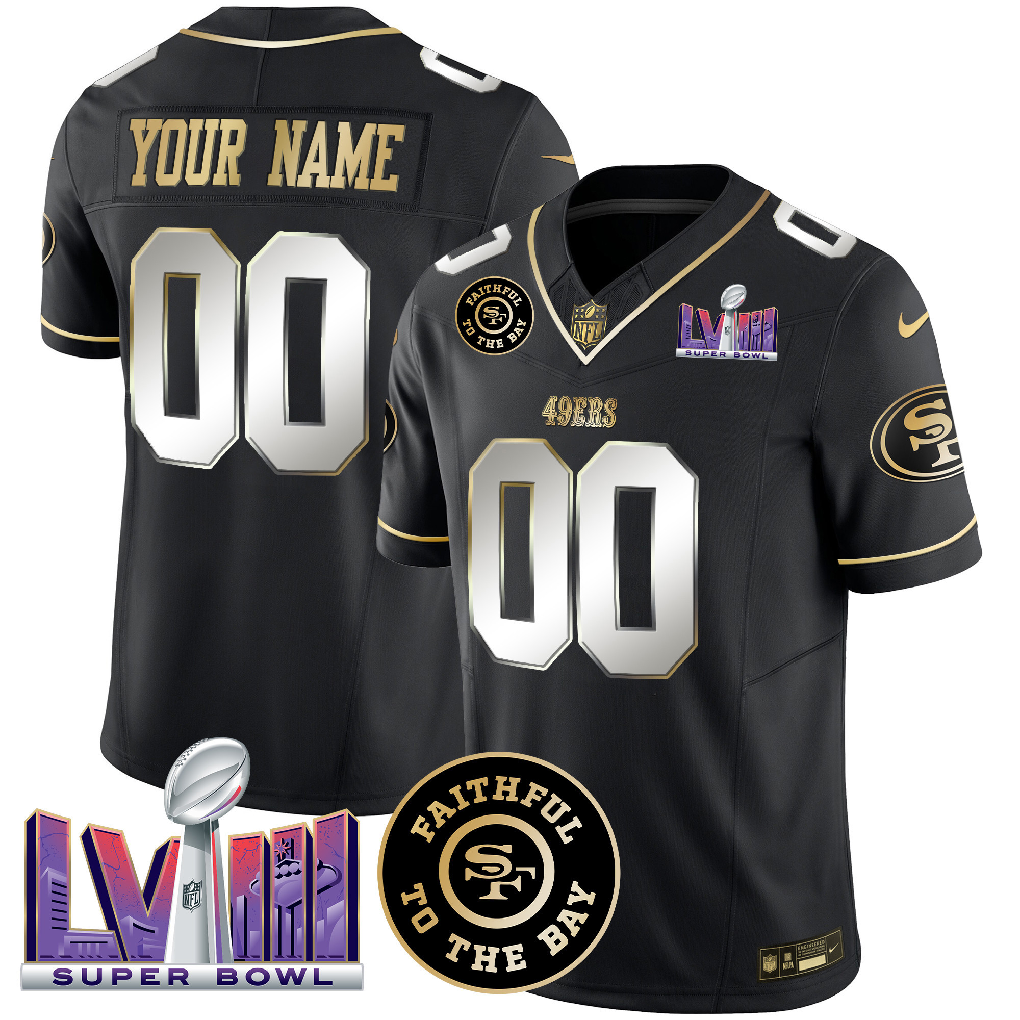 49ers Faithful & Super Bowl LVIII Patch Vapor Custom Jersey - All Stitched - Image 4