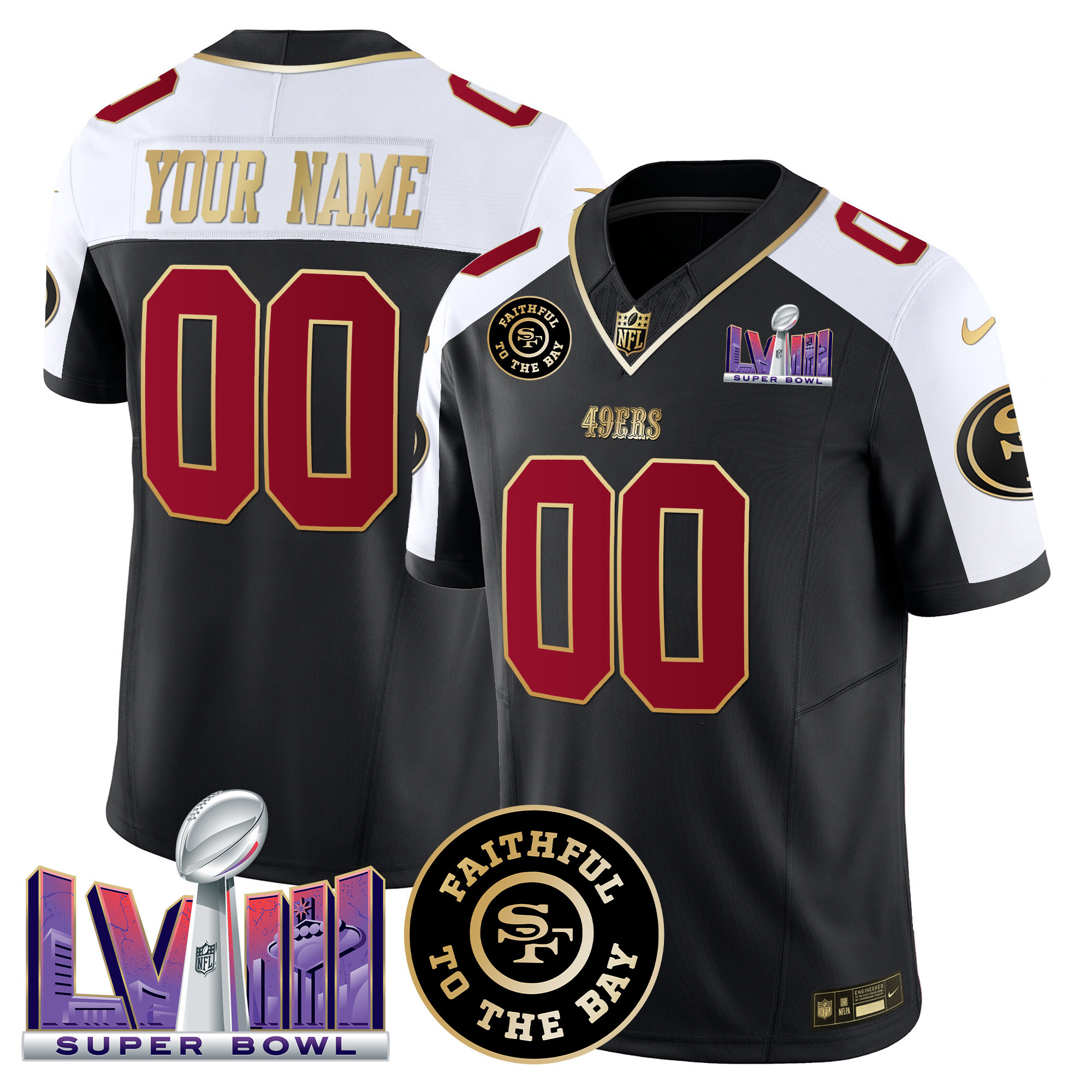 49ers Faithful & Super Bowl LVIII Patch Vapor Custom Jersey - All Stitched