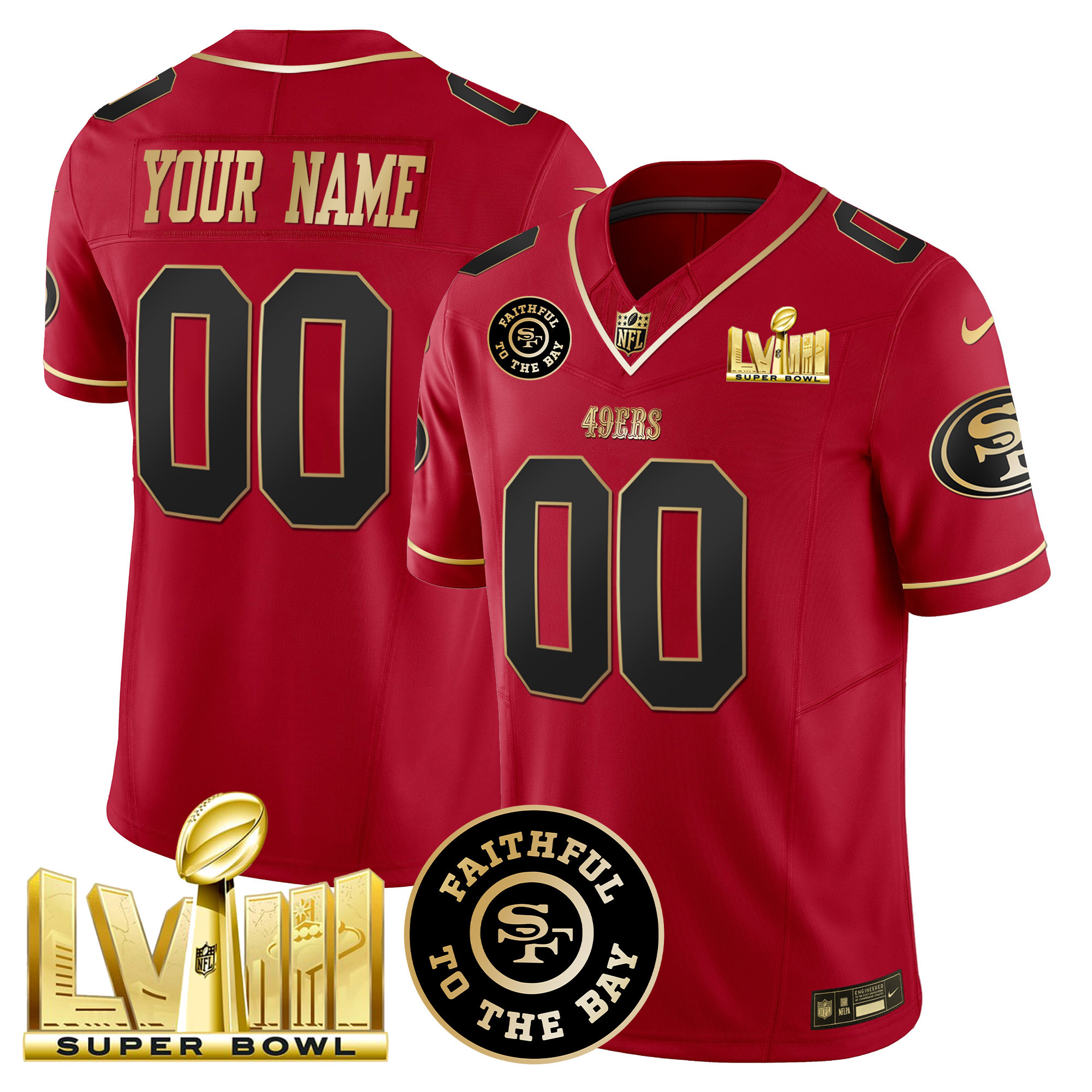49ers Faithful & Super Bowl LVIII Gold Patch Vapor Custom Jersey - All Stitched - Image 3