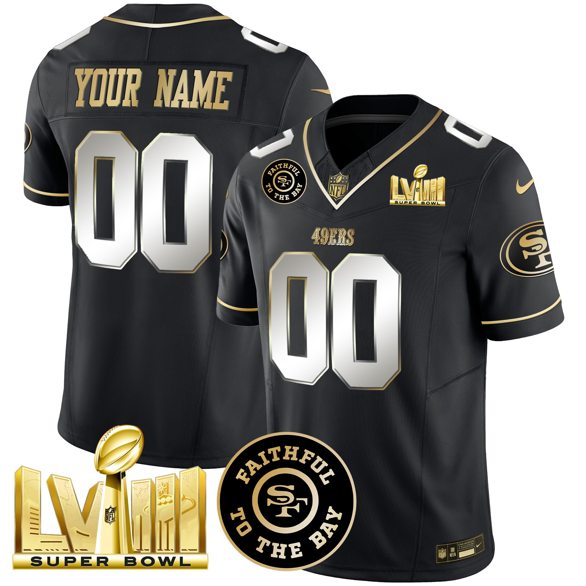 49ers Faithful & Super Bowl LVIII Gold Patch Vapor Custom Jersey - All Stitched - Image 4