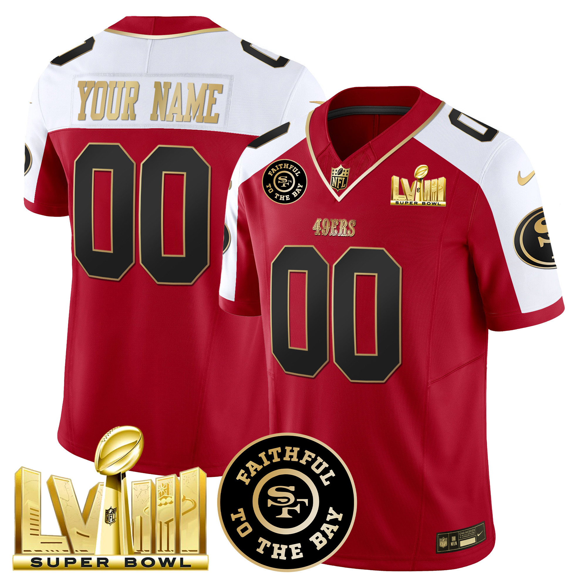 49ers Faithful & Super Bowl LVIII Gold Patch Vapor Custom Jersey - All Stitched - Image 5