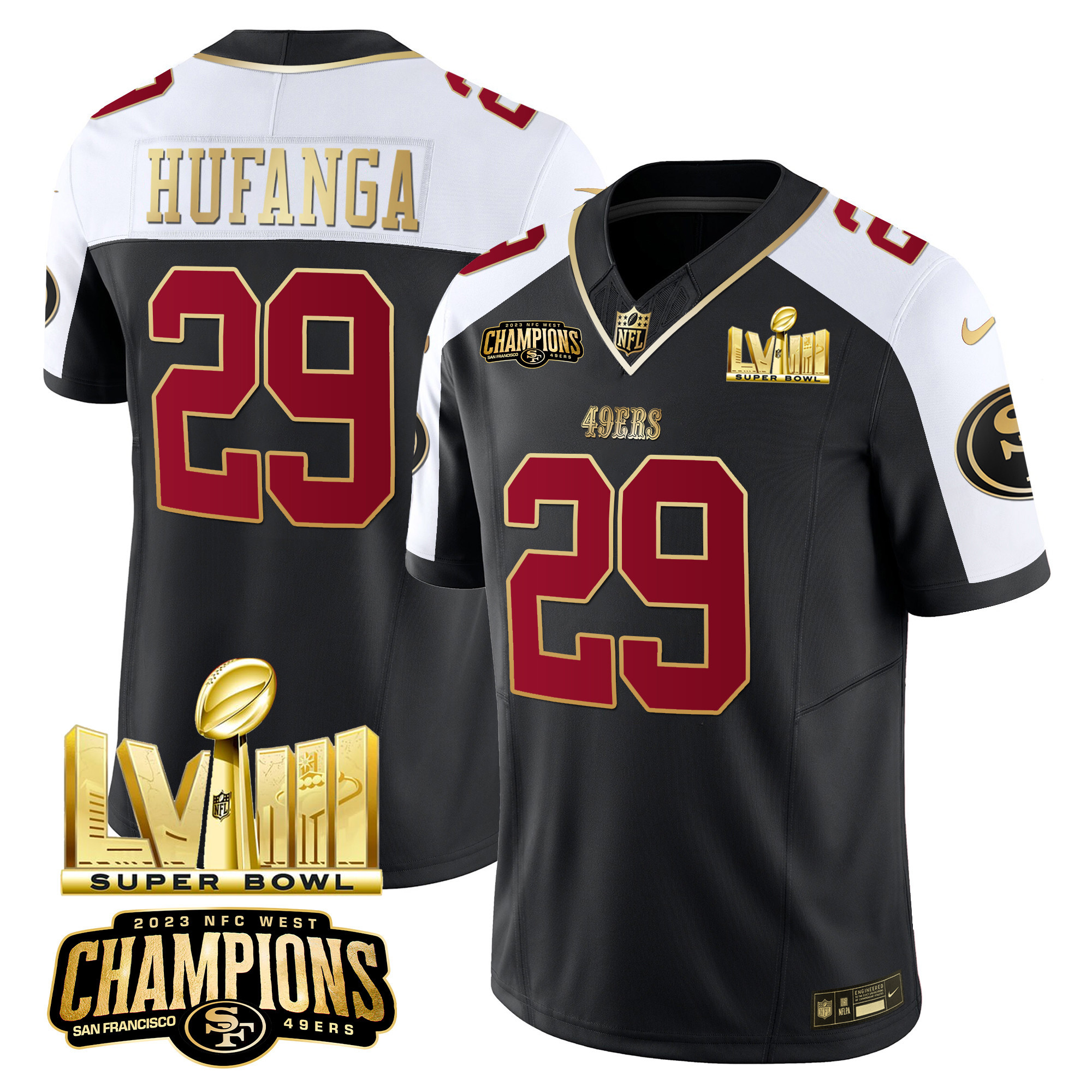Men's 49ers NFC West Champions & Super Bowl LVIII Gold Patch Vapor Jersey - All Stitched - Image 10