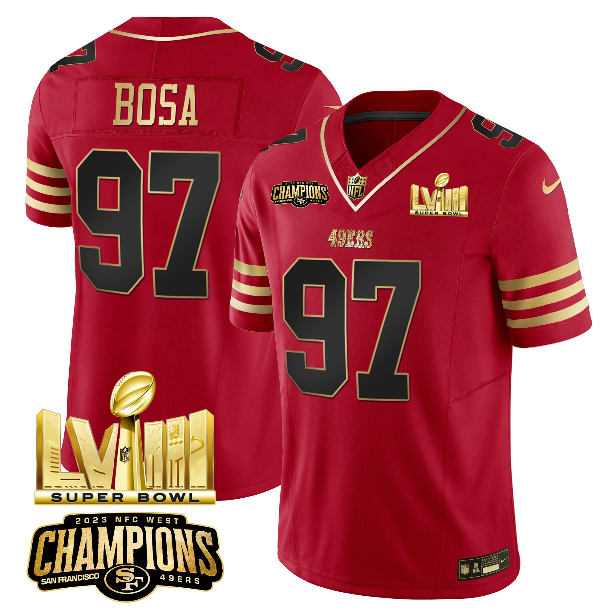 Men's 49ers NFC West Champions & Super Bowl LVIII Gold Patch Vapor Jersey - All Stitched - Image 17
