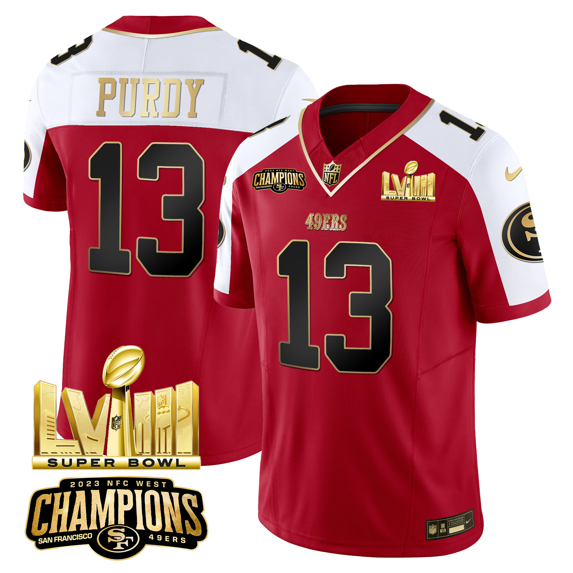 Men's 49ers NFC West Champions & Super Bowl LVIII Gold Patch Vapor Jersey - All Stitched - Image 43