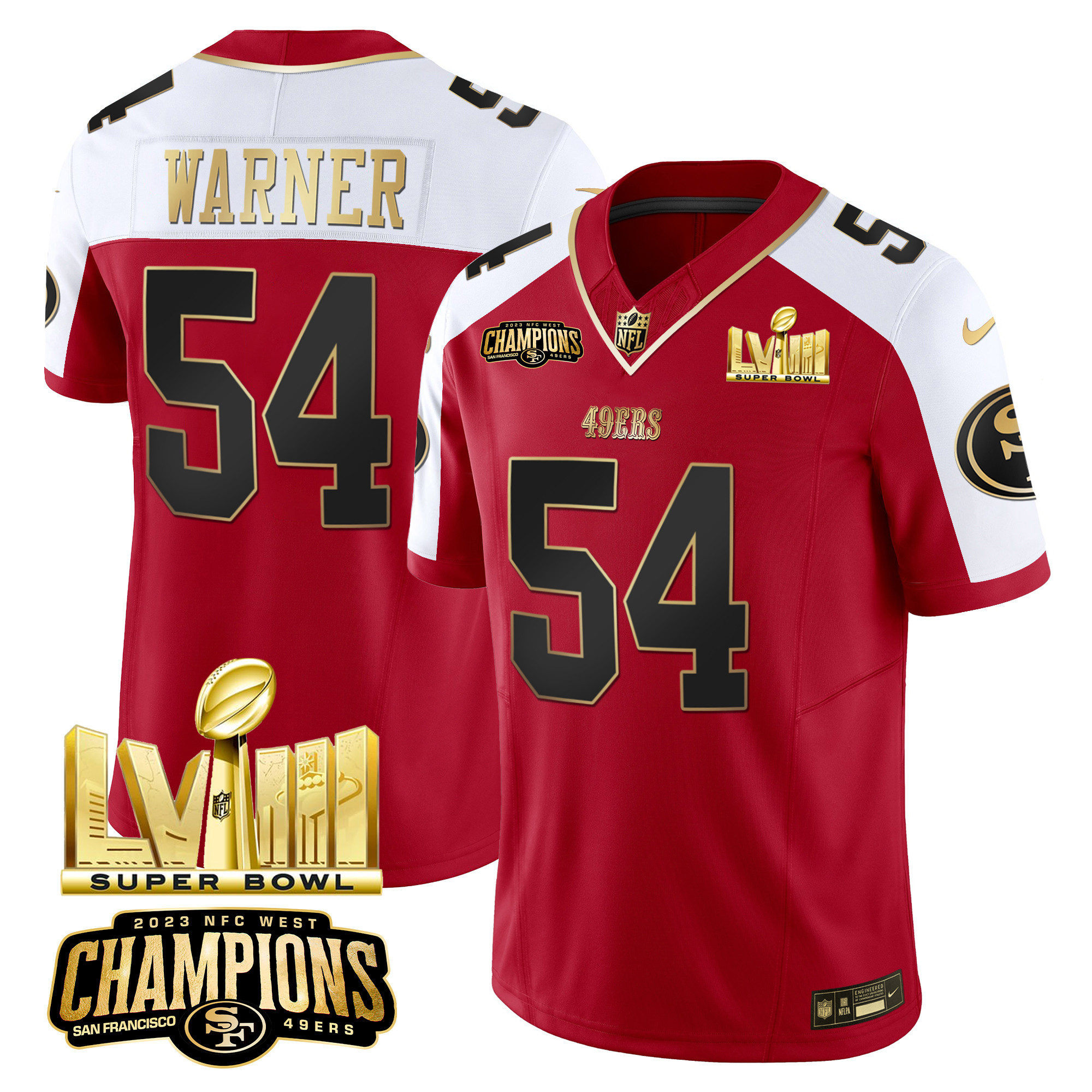 Men's 49ers NFC West Champions & Super Bowl LVIII Gold Patch Vapor Jersey - All Stitched - Image 45