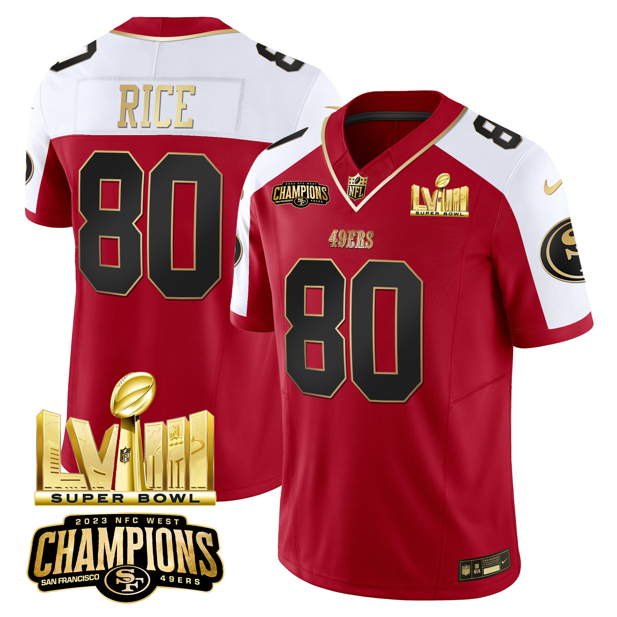 Men's 49ers NFC West Champions & Super Bowl LVIII Gold Patch Vapor Jersey - All Stitched - Image 46