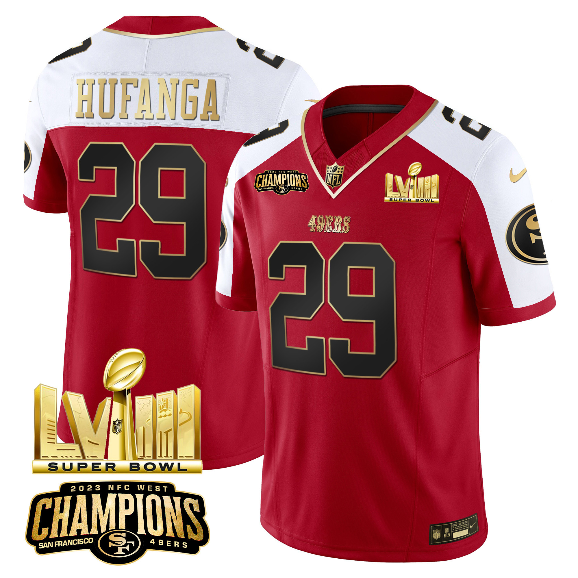 Men's 49ers NFC West Champions & Super Bowl LVIII Gold Patch Vapor Jersey - All Stitched - Image 50