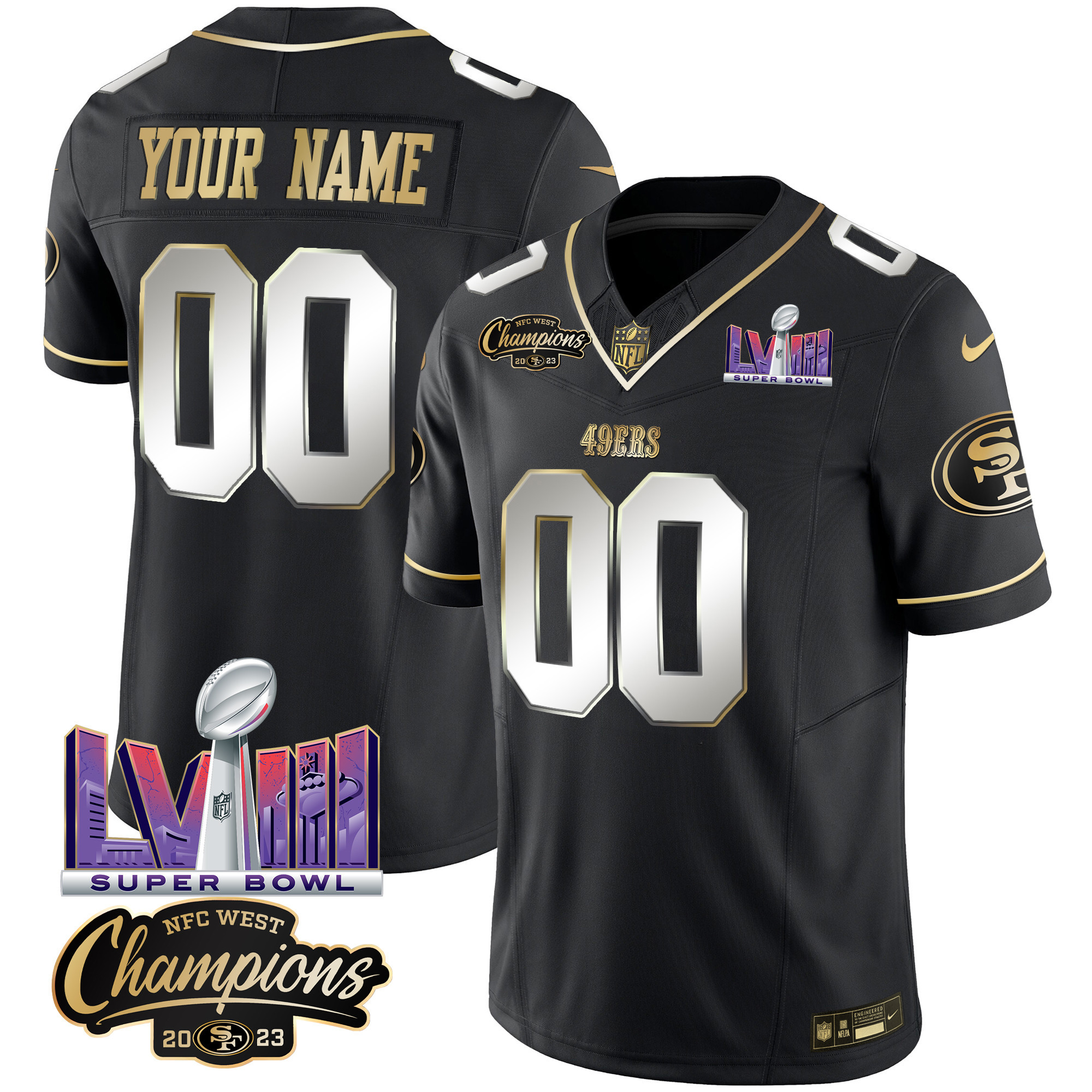 49ers NFC West Champions & Super Bowl LVIII Patch Vapor Custom Jersey V2 - All Stitched - Image 4