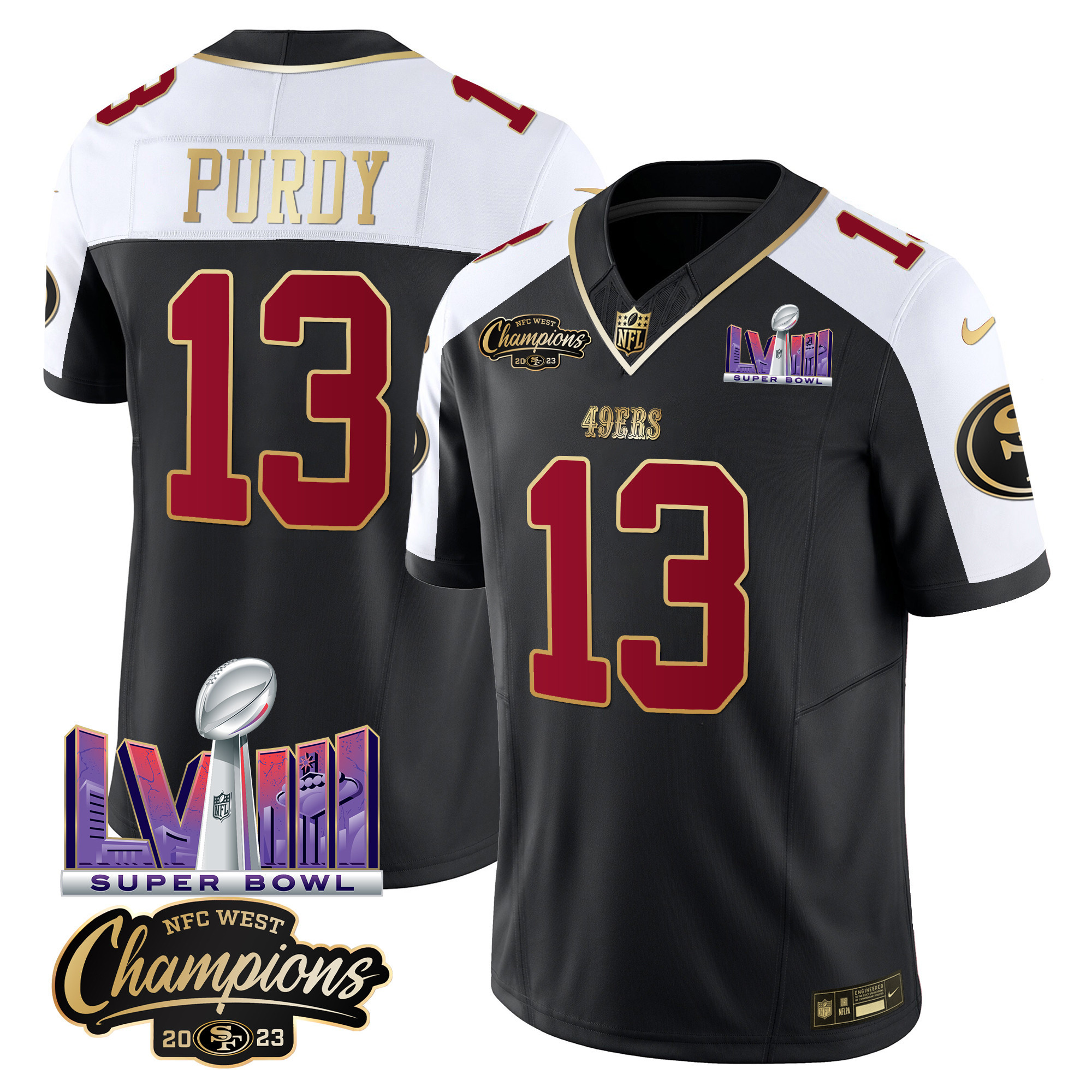 Men's 49ers NFC West Champions & Super Bowl LVIII Patch Vapor Jersey V2 - All Stitched - Image 3