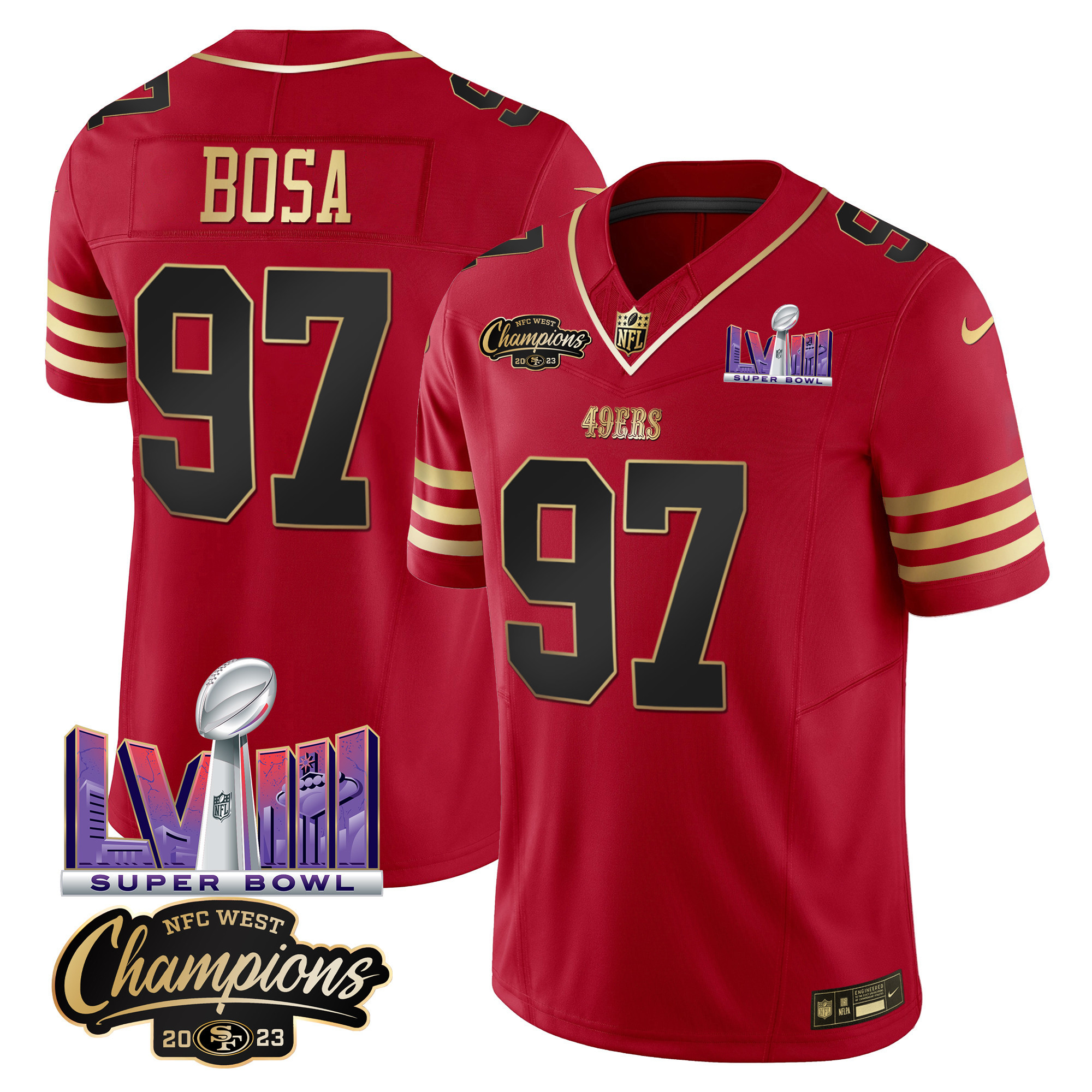 Men's 49ers NFC West Champions & Super Bowl LVIII Patch Vapor Jersey V2 - All Stitched - Image 17