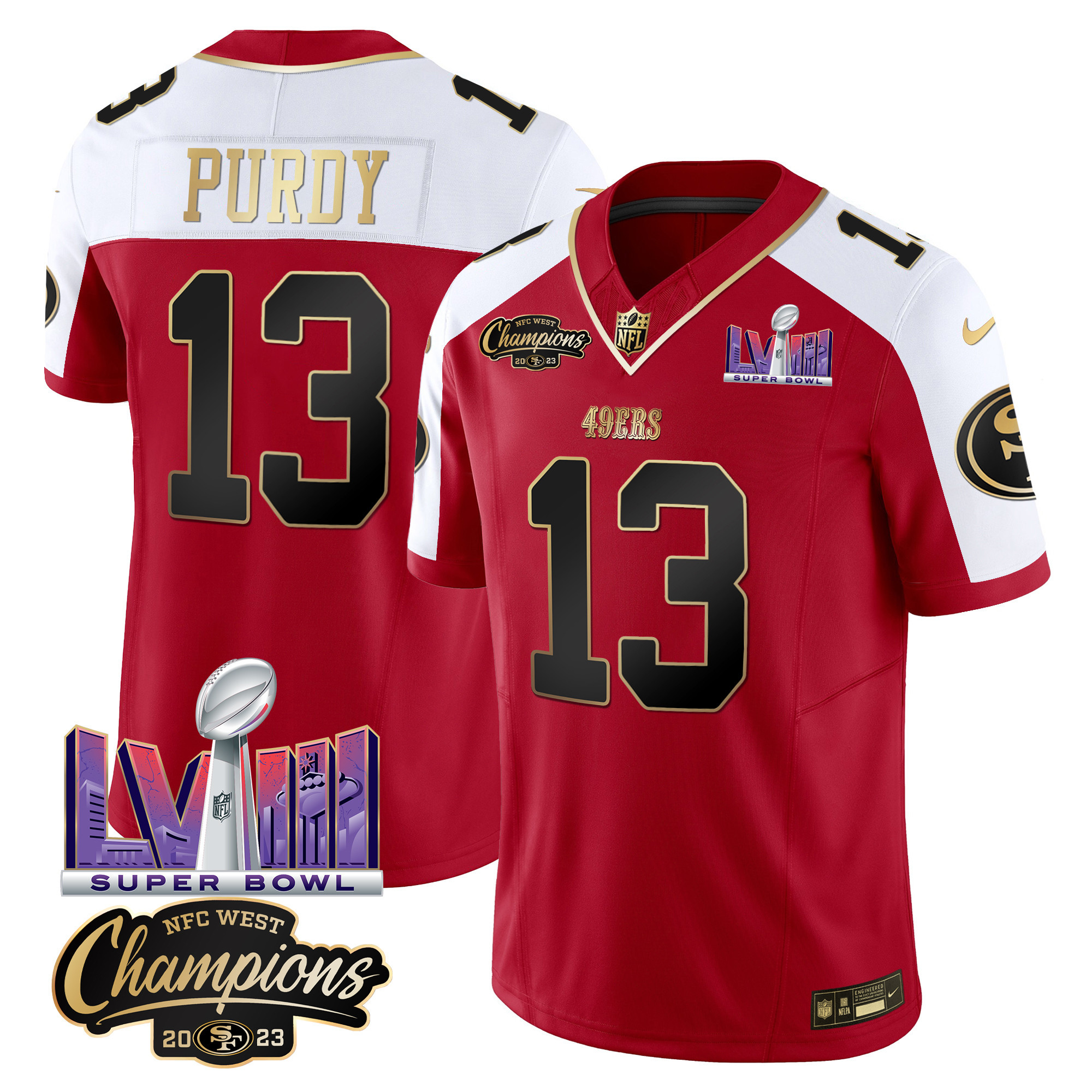 Men's 49ers NFC West Champions & Super Bowl LVIII Patch Vapor Jersey V2 - All Stitched - Image 43