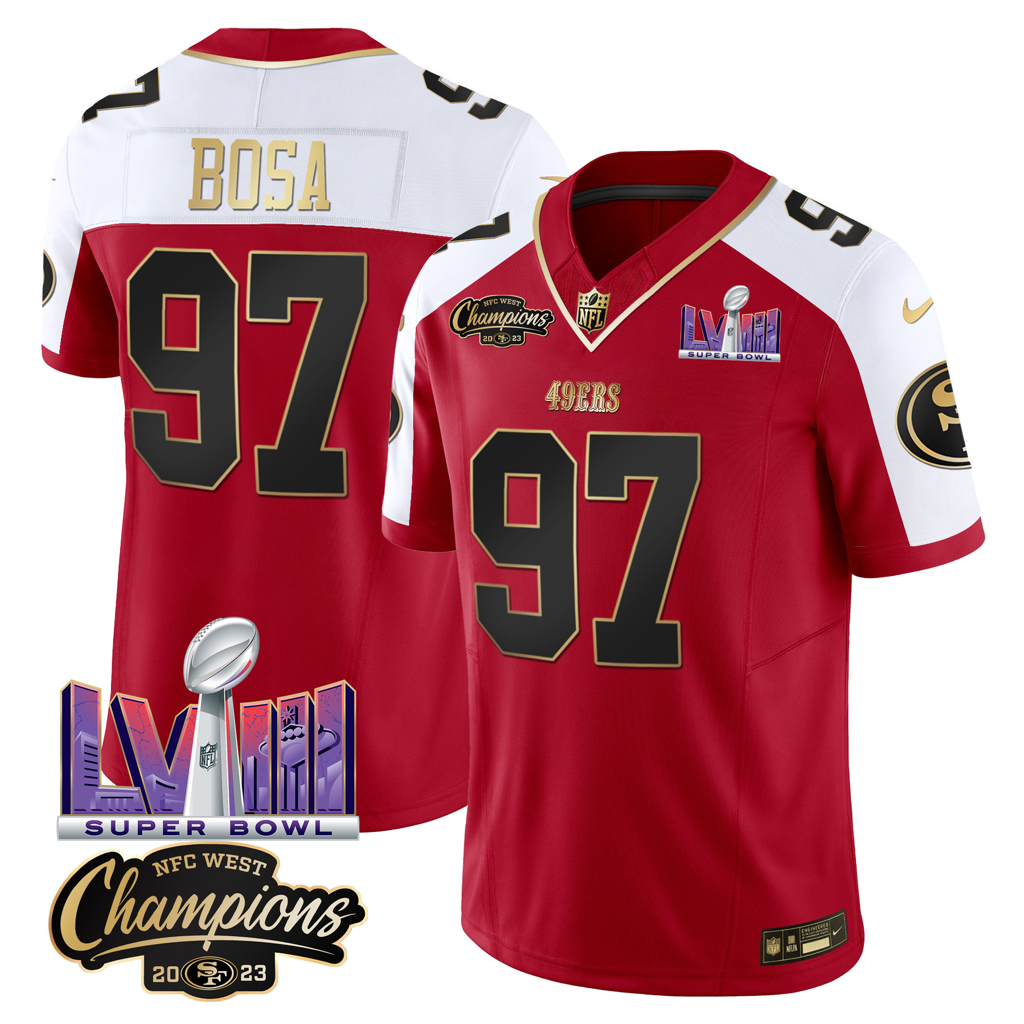 Men's 49ers NFC West Champions & Super Bowl LVIII Patch Vapor Jersey V2 - All Stitched - Image 47