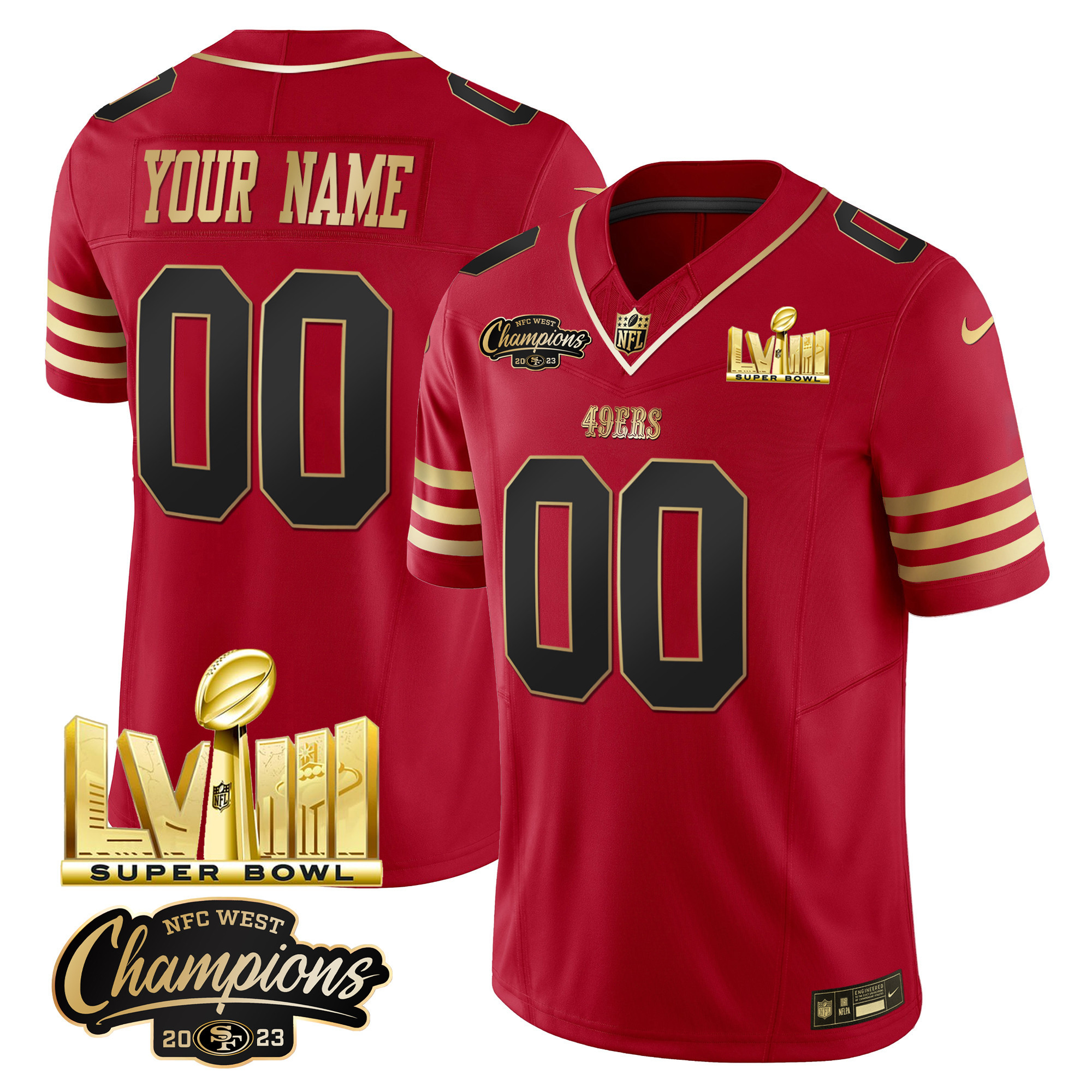 49ers NFC West Champions & Super Bowl LVIII Gold Patch Vapor Custom Jersey V2 - All Stitched - Image 2