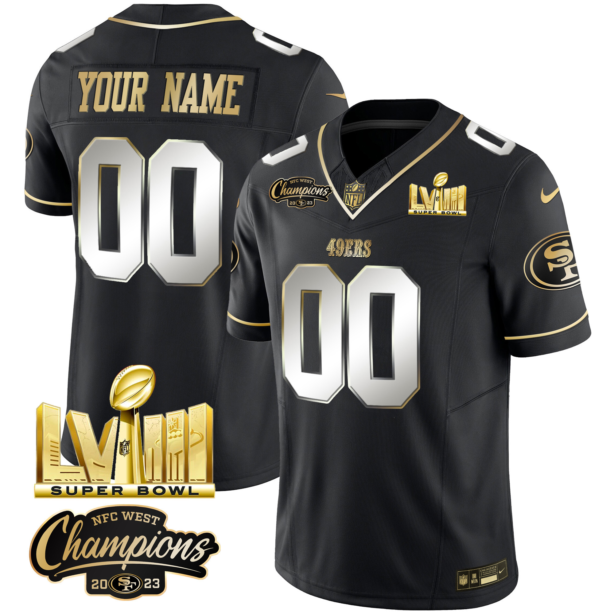 49ers NFC West Champions & Super Bowl LVIII Gold Patch Vapor Custom Jersey V2 - All Stitched - Image 4