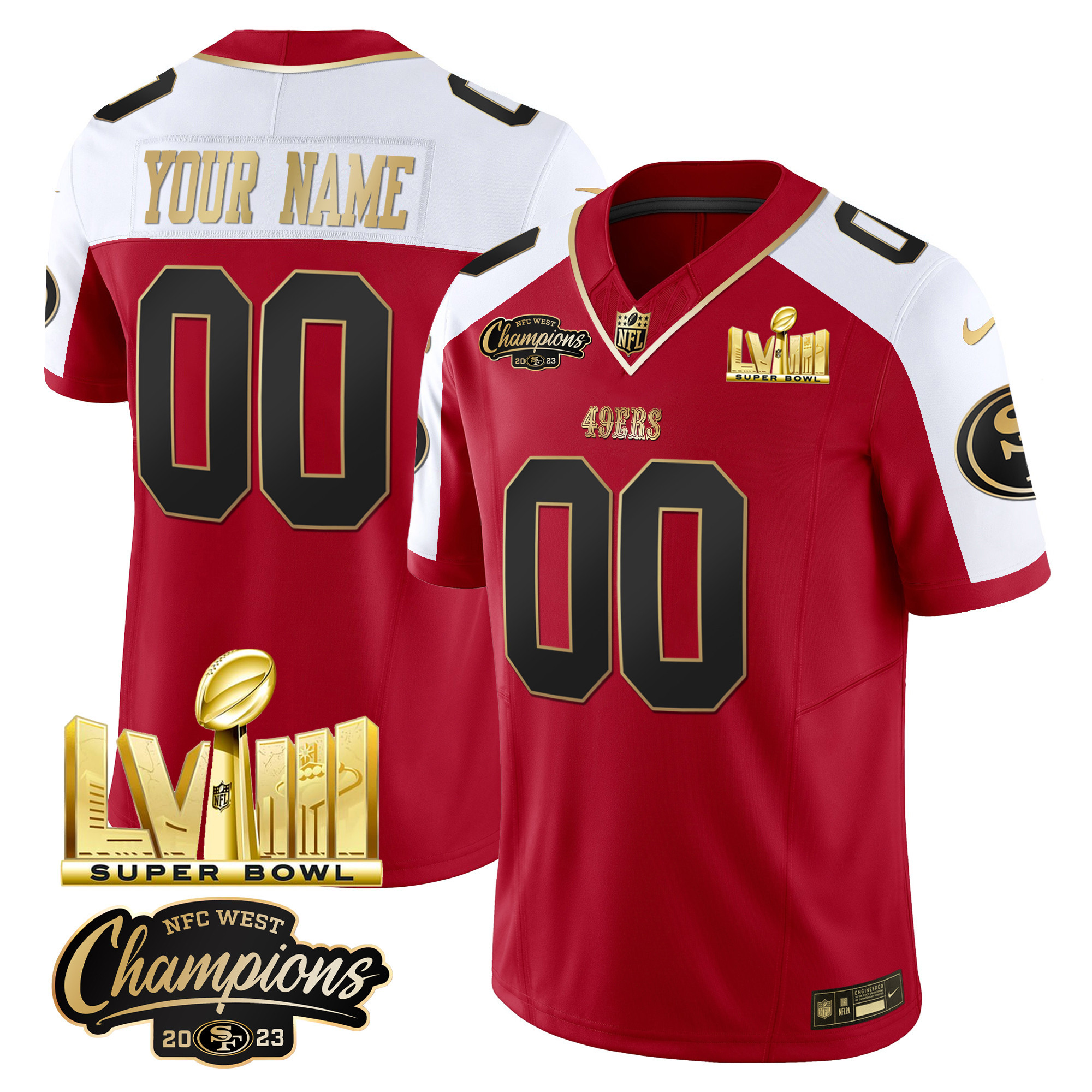 49ers NFC West Champions & Super Bowl LVIII Gold Patch Vapor Custom Jersey V2 - All Stitched - Image 5