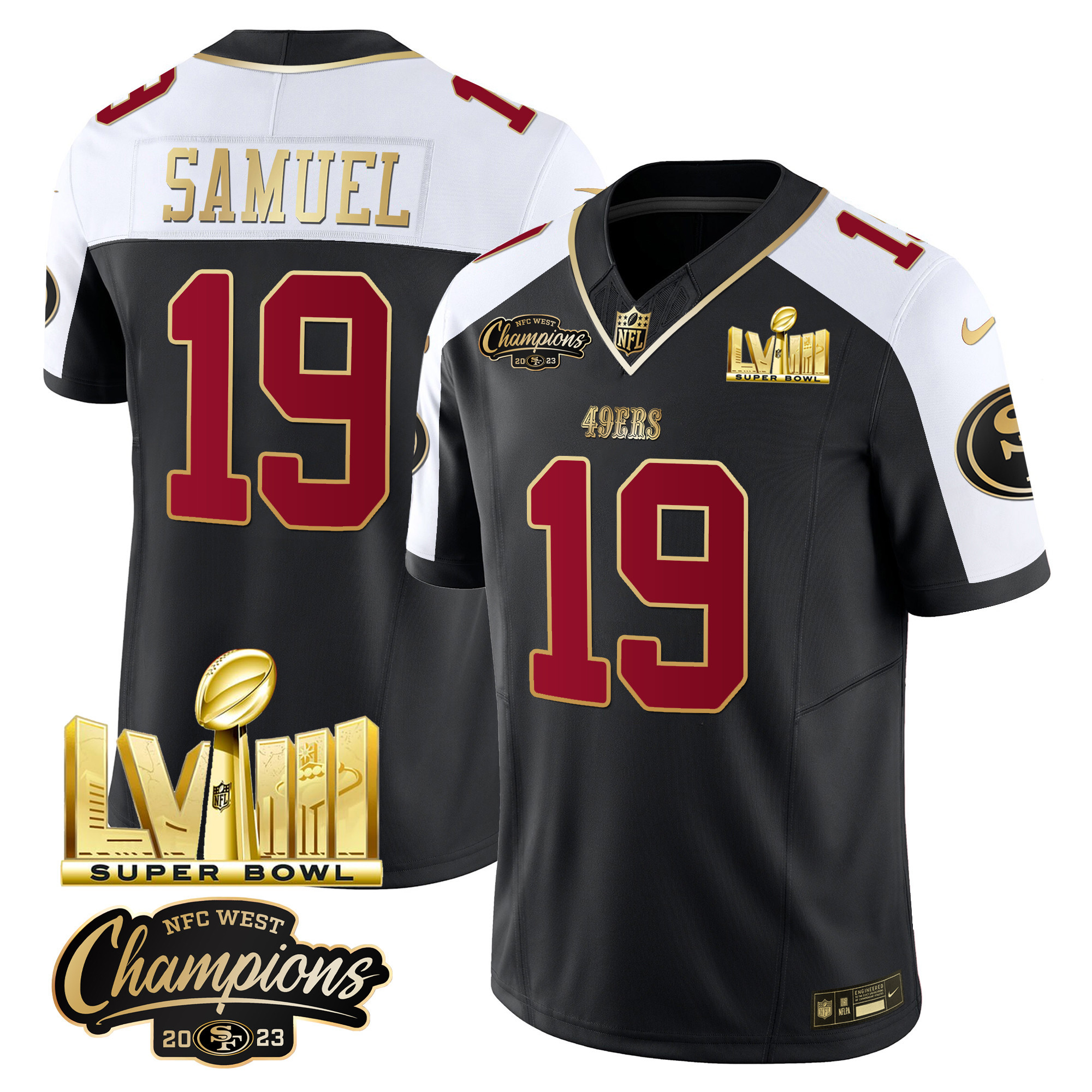 Men's 49ers NFC West Champions & Super Bowl LVIII Gold Patch Vapor Jersey V2 - All Stitched - Image 2