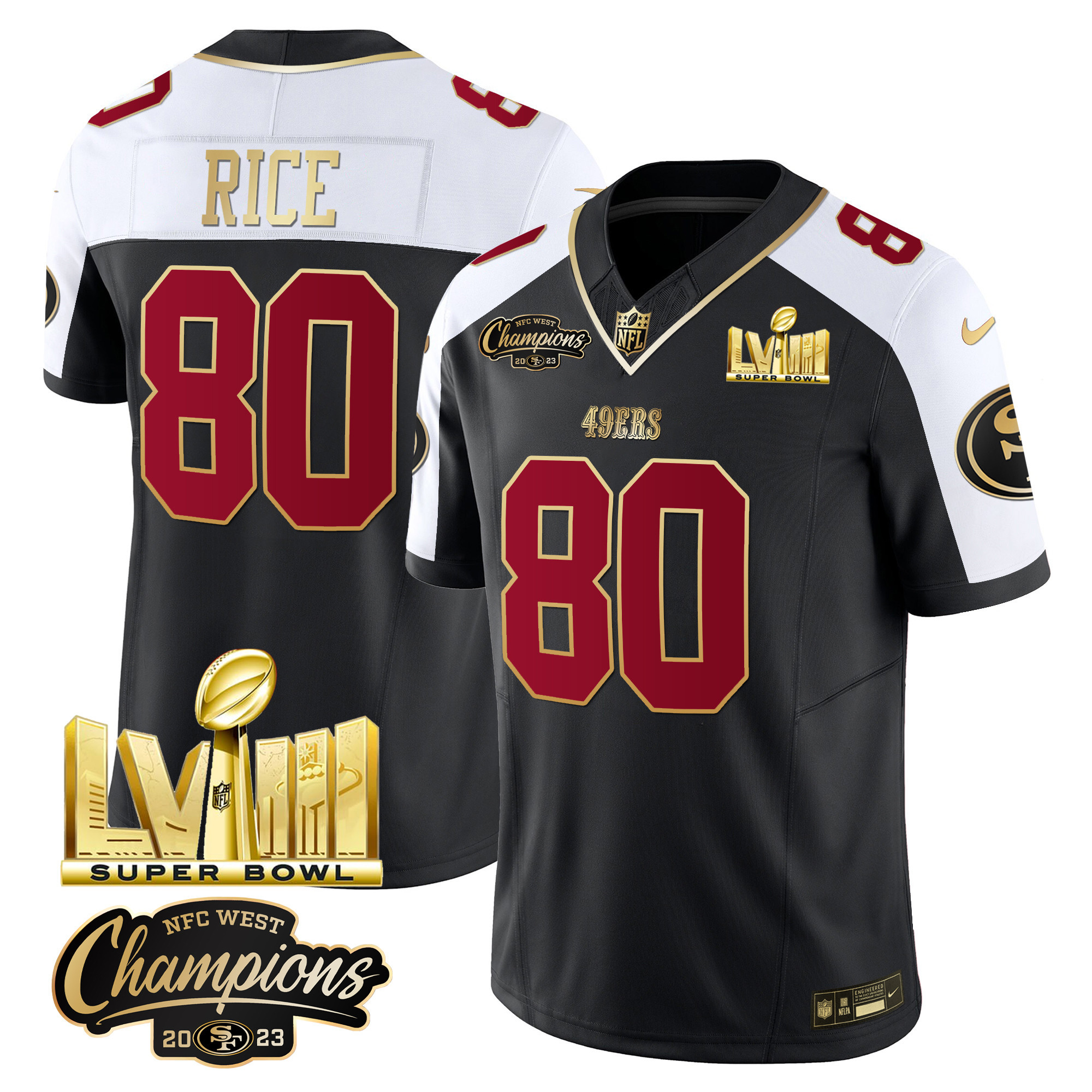 Men's 49ers NFC West Champions & Super Bowl LVIII Gold Patch Vapor Jersey V2 - All Stitched - Image 6