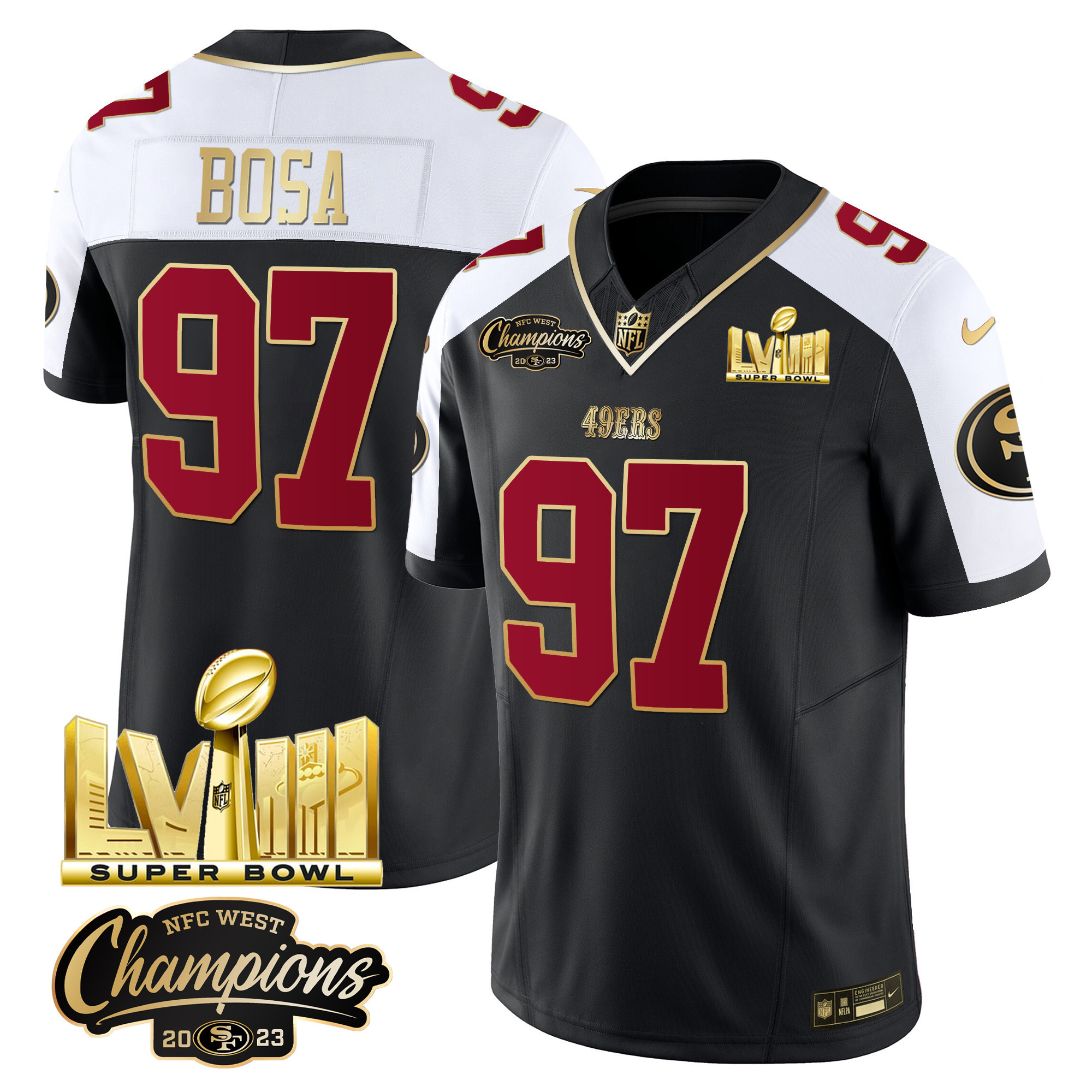 Men's 49ers NFC West Champions & Super Bowl LVIII Gold Patch Vapor Jersey V2 - All Stitched - Image 7